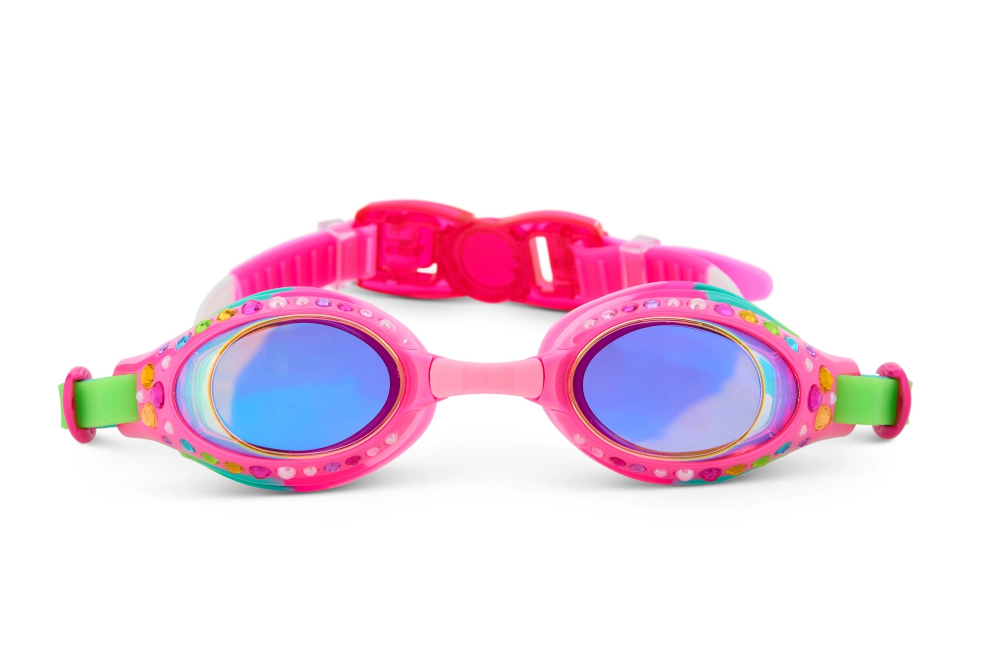 Bling2O Pink and Green Glimmering Gems Kids Swim Goggles - UV Protection, Anti-Fog for Pool, Beach & Summer Water Activities