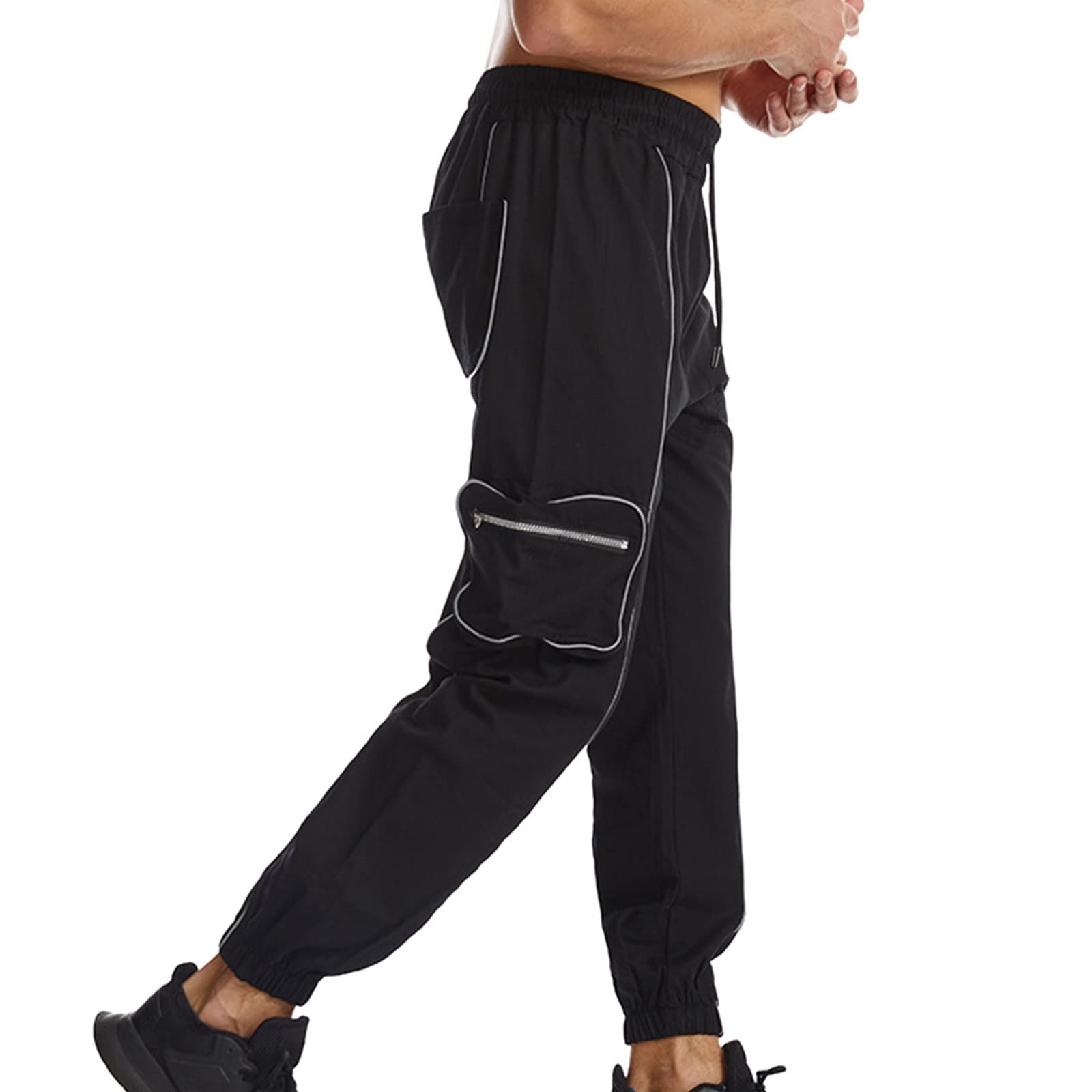 **Men's Fashion Casual Cargo Pants with Pockets & Reflective Stripes - Solid Running Pants for Outdoor, Workout & Streetwear**