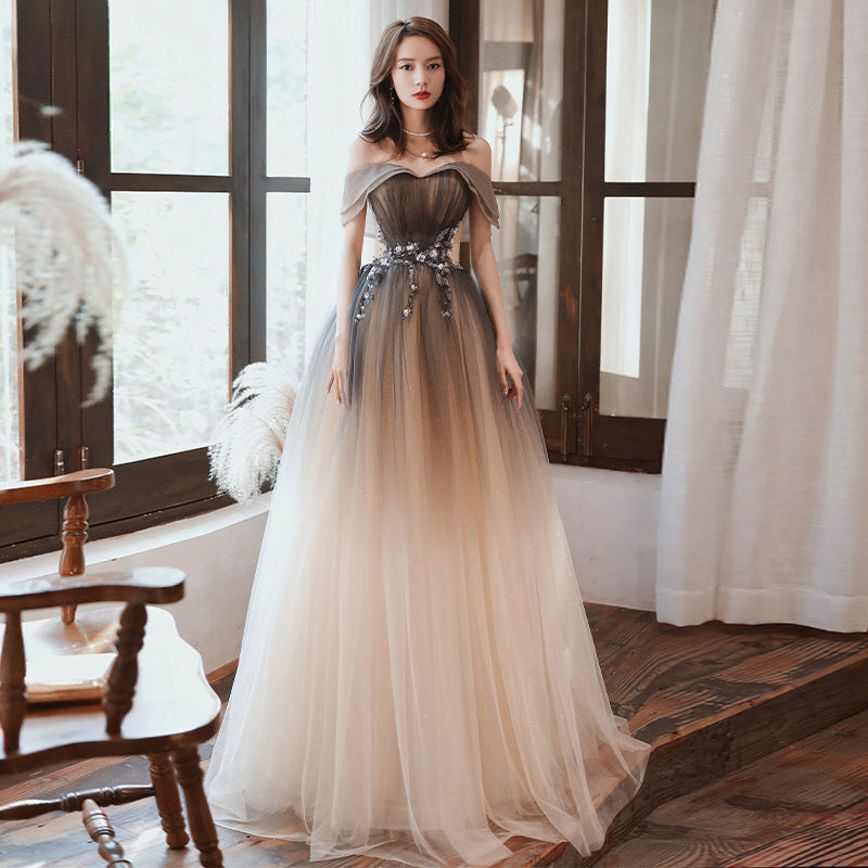 Gradient Coffee Off Shoulder Tulle Prom Dress - A-Line Long Evening Party Gown for Homecoming, Wedding, Quinceañera & Formal Events