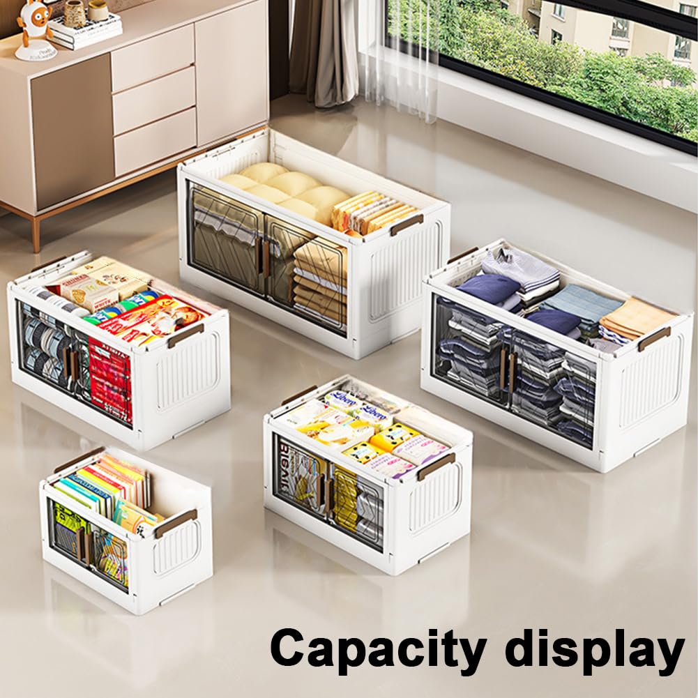 4-Tier Stackable Storage Bins with Lids, Doors & Wheels - Foldable Storage Cabinet Shelf Organizer for Bedroom, Living Room, Office - Perfect for Clothes, Toys, Books & Home Organization