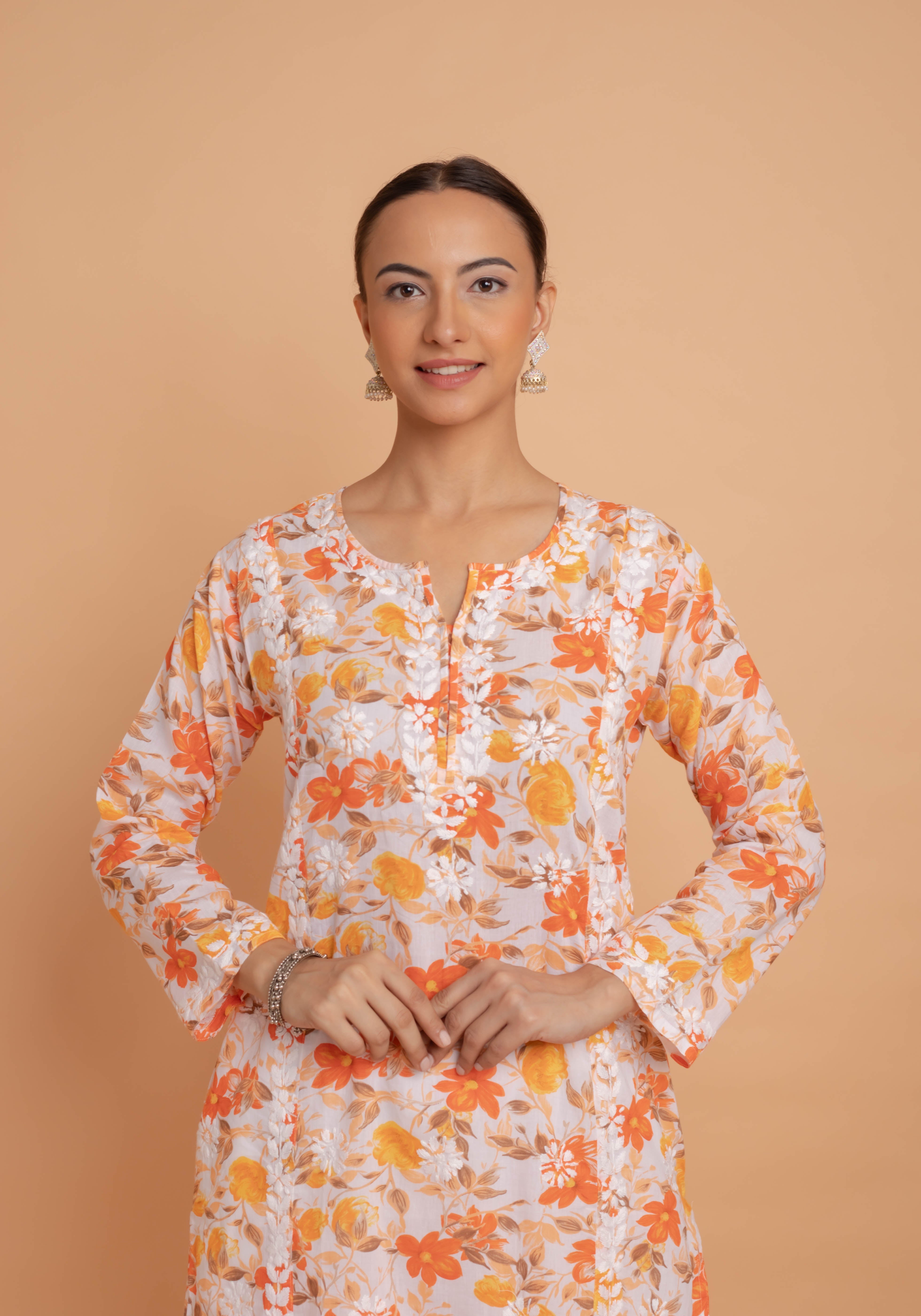 Elegant Saba Chikankari Kurta - Orange Floral Embroidered Mul Cotton Tunic for Women | Perfect for Festivals, Weddings & Casual Wear