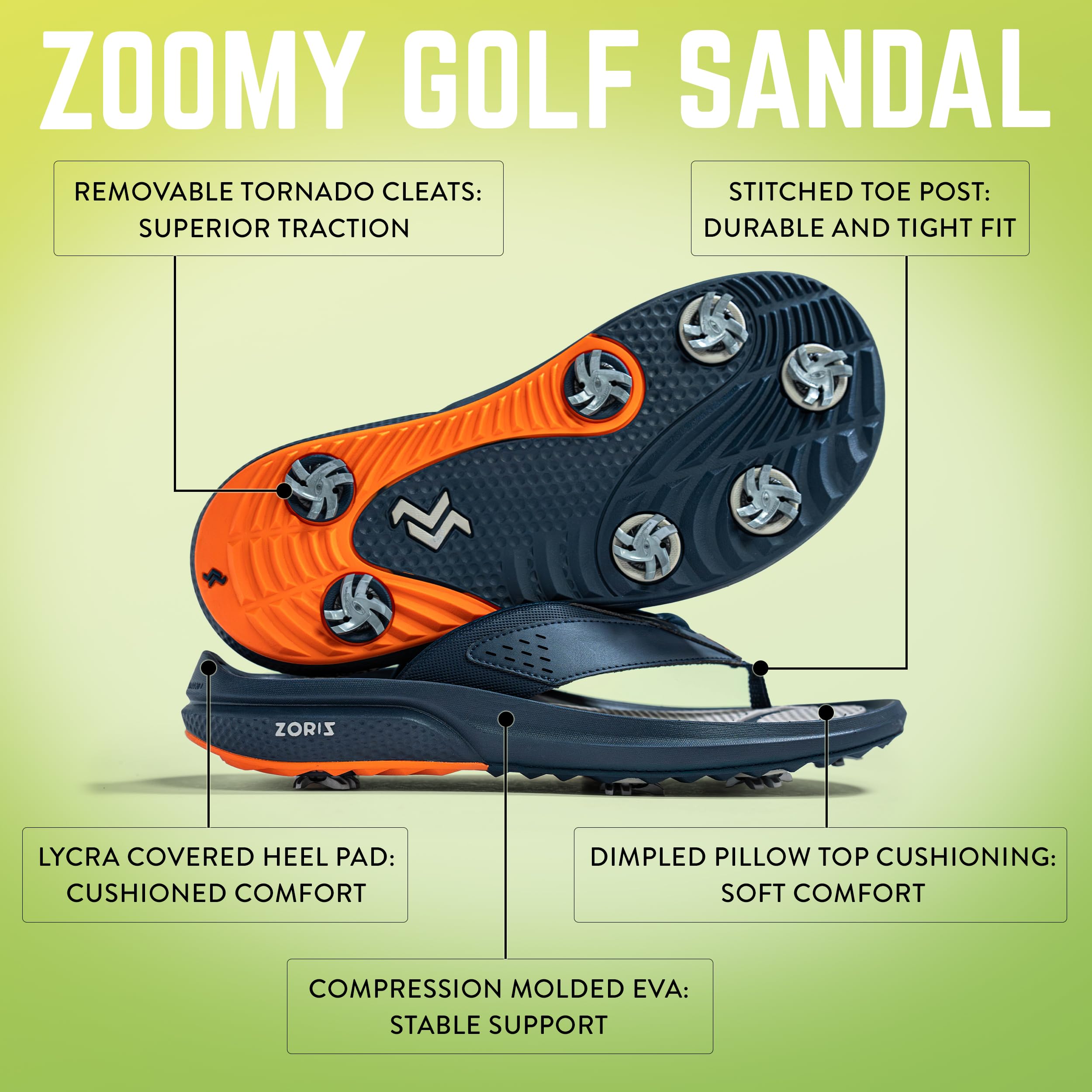 ZORIZ Zoomy Golf Sandals - Unisex Golf Flip Flops with Removable Tornado Golf Cleats - Men's & Women's Sandals for Walking, Beach, Sports & Golf Course - Perfect for Casual Wear, Outdoor Activities & Summer Vacations