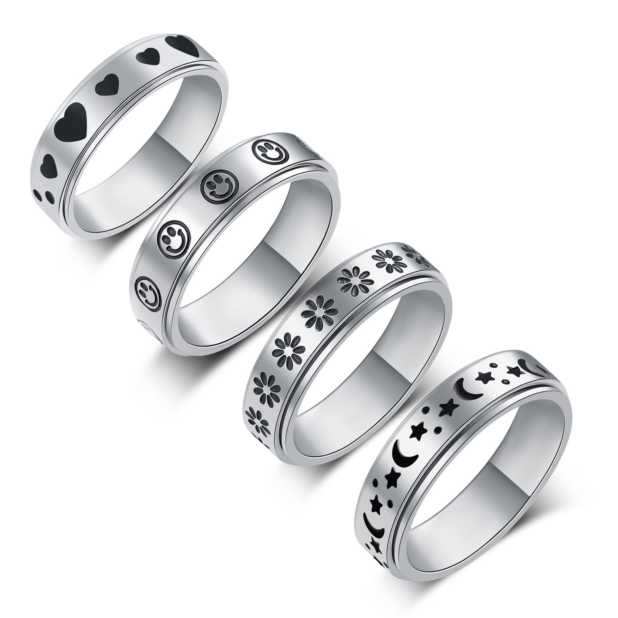 Anxiety Spinner Ring for Women & Men - 6mm Moon Star Design for Stress Relief - Size 6-10