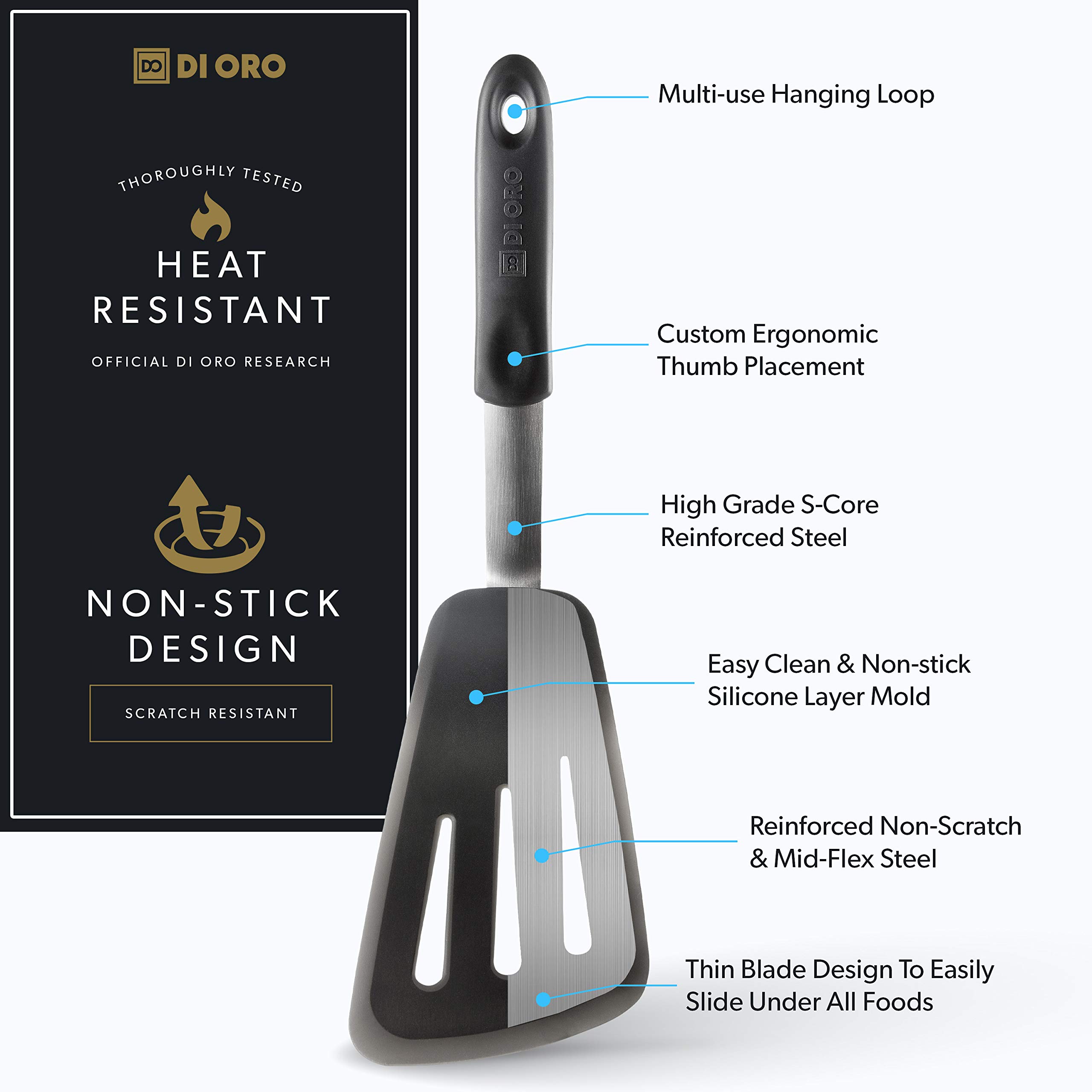 DI ORO Premium Silicone Fish Spatula - 600°F Heat-Resistant Nonstick Kitchen Turner - BPA-Free Slotted Cooking Spatula for Eggs, Pancakes & Fish - Perfect for Grilling, Frying & Baking (Black)