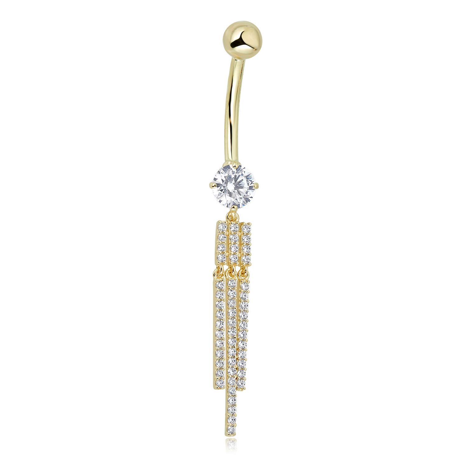 AVORA 10K Gold Plated CZ Belly Button Ring - 14G Tassel Dangle Navel Piercing Jewelry for Women | Perfect for Beach, Pool Parties & Summer Outfits
