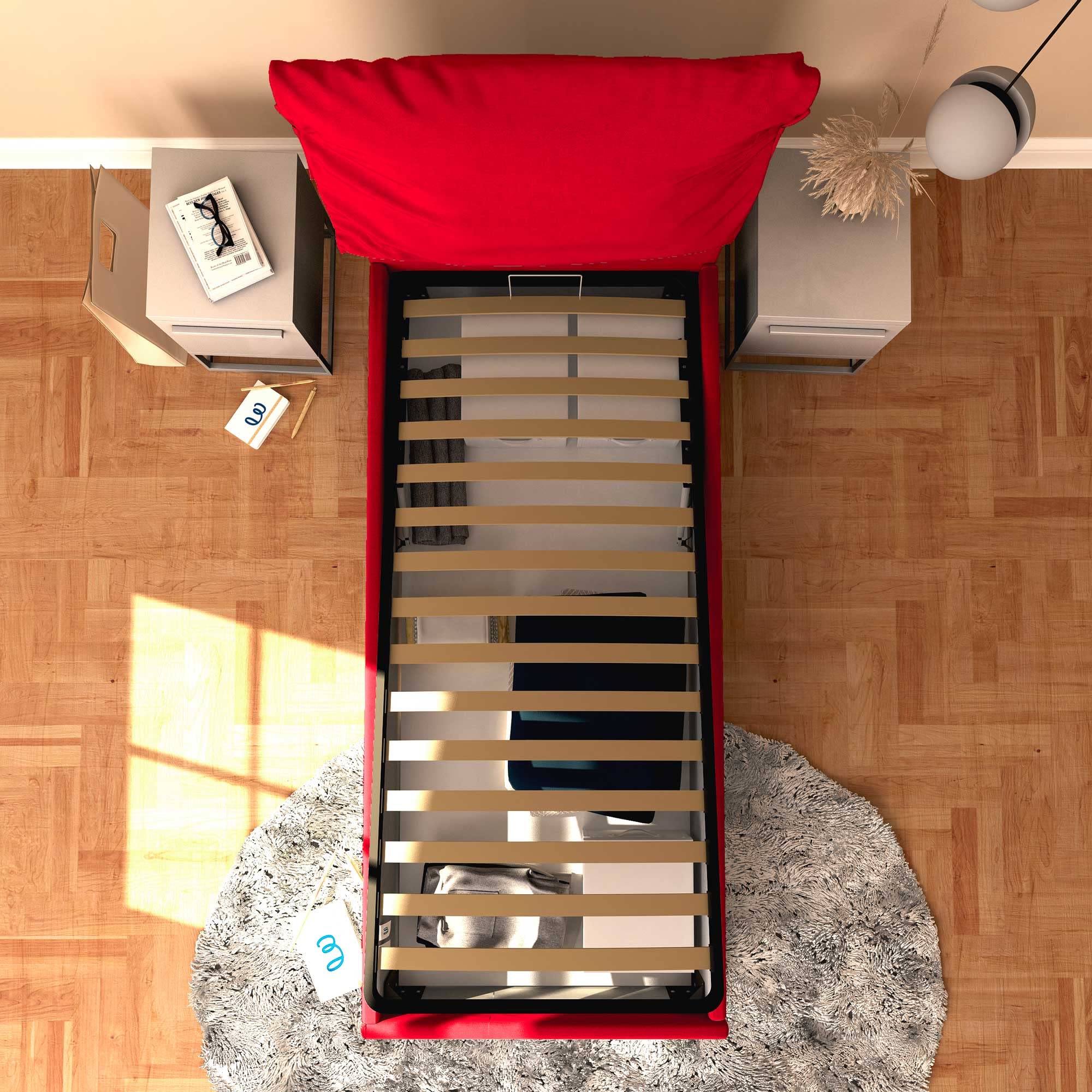 Baldiflex Single Bed with Storage - Licia Soft Synthetic Leather Upholstery, Slatted Base for Single Mattress, 90 x 190 cm, Finely Padded Headboard, Red - Perfect for Small Bedrooms, Guest Rooms & Studio Apartments