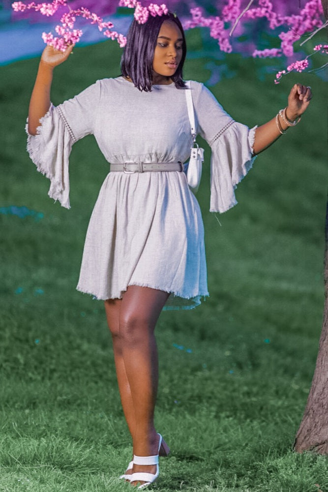 Beige Raw Edge Bell Sleeve Babydoll Dress for Women - Boho Chic Lace Trim Mini Dress - Perfect for Summer, Beach, Music Festivals & Date Nights