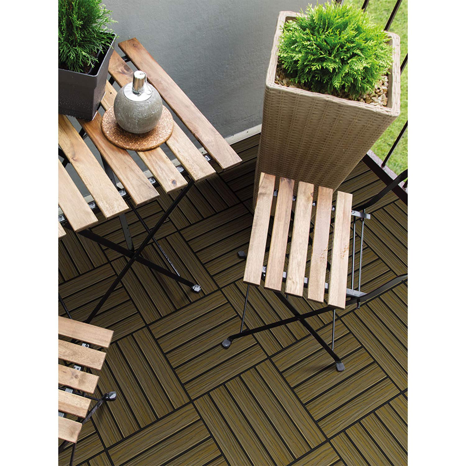 Premium Interlocking Snap-On Faux Wood Polymer Outdoor Deck Tiles - 1x1 Foot, Walnut Brown (6 Pack) - Perfect for Patio, Poolside, Balcony & Garden Flooring