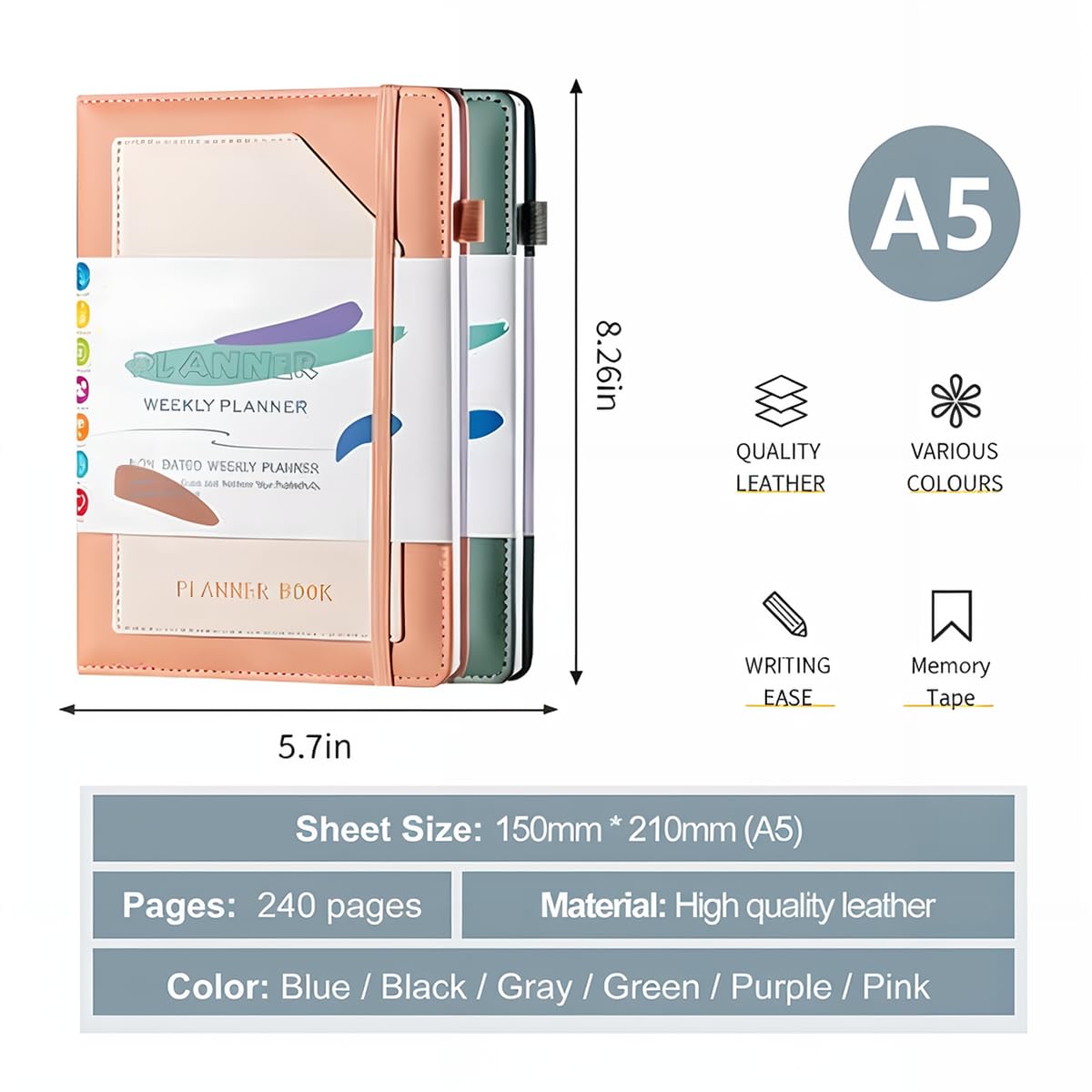 GuaziV 2024-2025 Undated Planner - A5 Daily Weekly Monthly Organizer for Work, School & Personal Tasks - Start Any Date - Includes 6 Stickers (Dark Black) - Perfect for Productivity, Time Management & Goal Setting