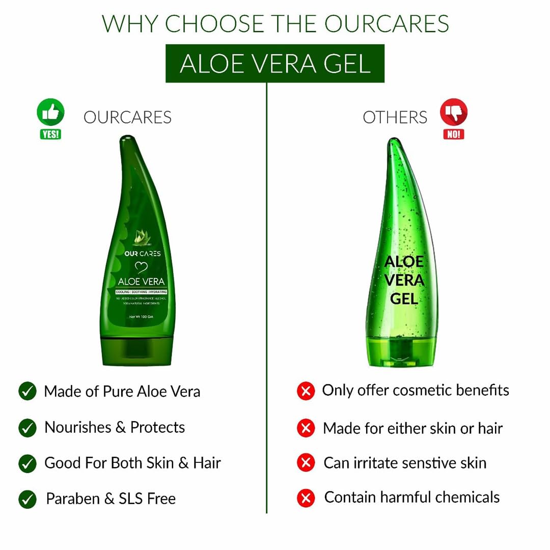 OURCARES Pure Aloe Vera Gel for Face, Skin & Hair Care | Natural Moisturizer for Glowing Skin | Paraben-Free, No Mineral Oils or Silicones | Fragrance-Free & Hypoallergenic - 100g | Perfect for Sunburn Relief, Daily Hydration & Hair Conditioning