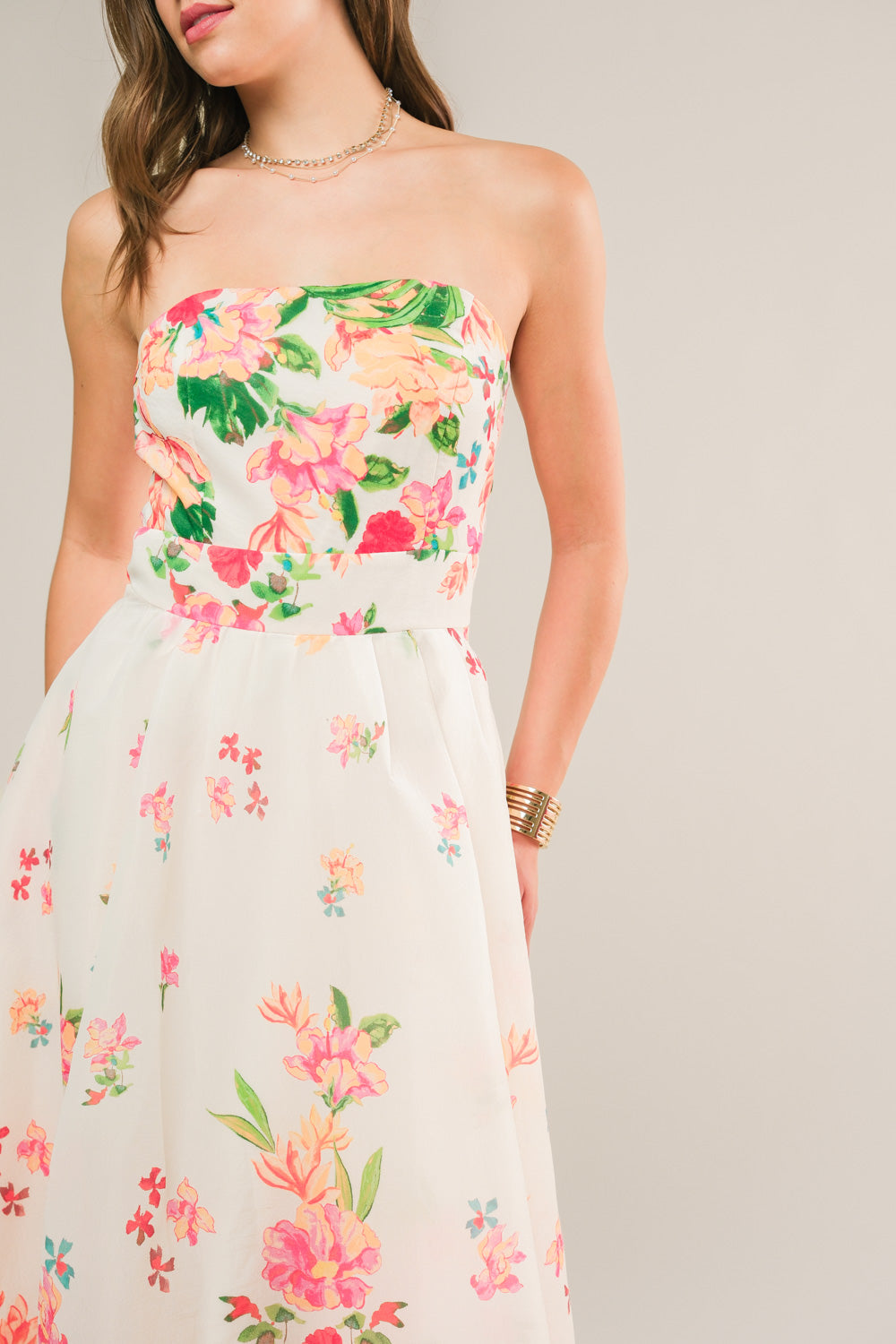 BRUNCH BOUQUET Strapless Floral Midi Dress - Perfect for Summer Weddings, Garden Parties & Beach Vacations