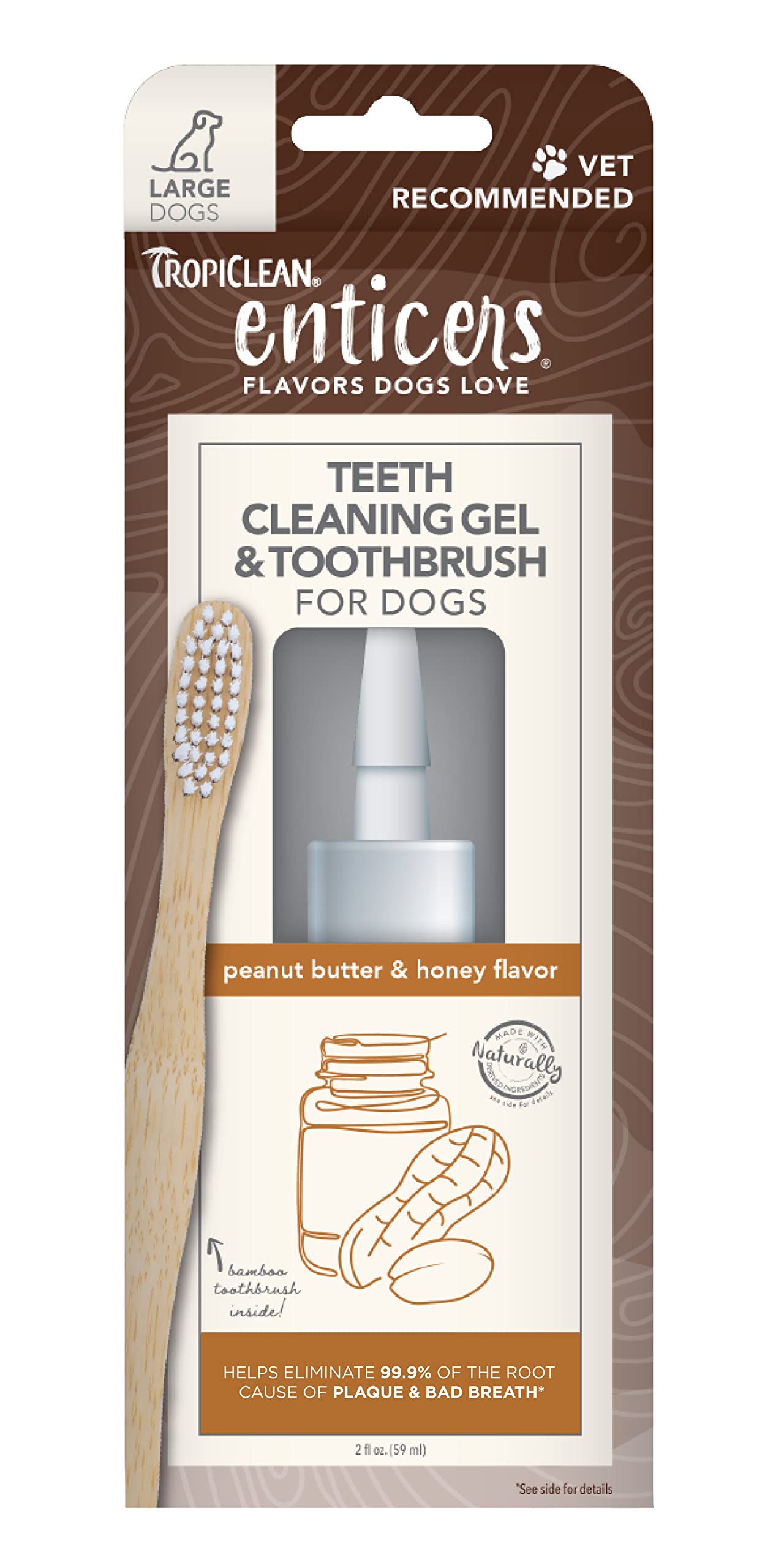 TropiClean Dog Teeth Cleaning Gel & Bamboo Brush - Peanut Butter Flavor for Large Dogs | Freshens Breath & Removes Plaque | Perfect for Daily Oral Care