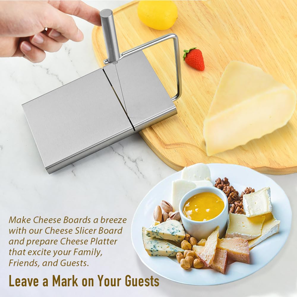 Premium Stainless Steel Cheese Slicer with 5 Replacement Wires - Adjustable Handheld Cheese Cutter for Block Cheese - Includes Cutting Board - Perfect for Kitchen, Party Platters & Charcuterie Boards