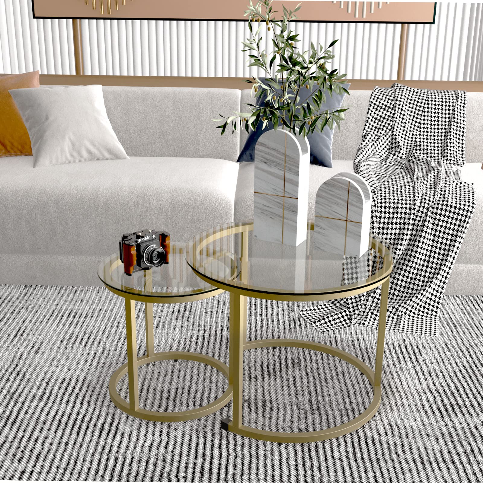aboxoo Gold Nesting Coffee Table Set of 2 - Modern Industrial Round Glass Side Tables with Metal Frame for Living Room, Bedroom & Office - Perfect for Tea Time, Reading Nook or Lounge Area Decor