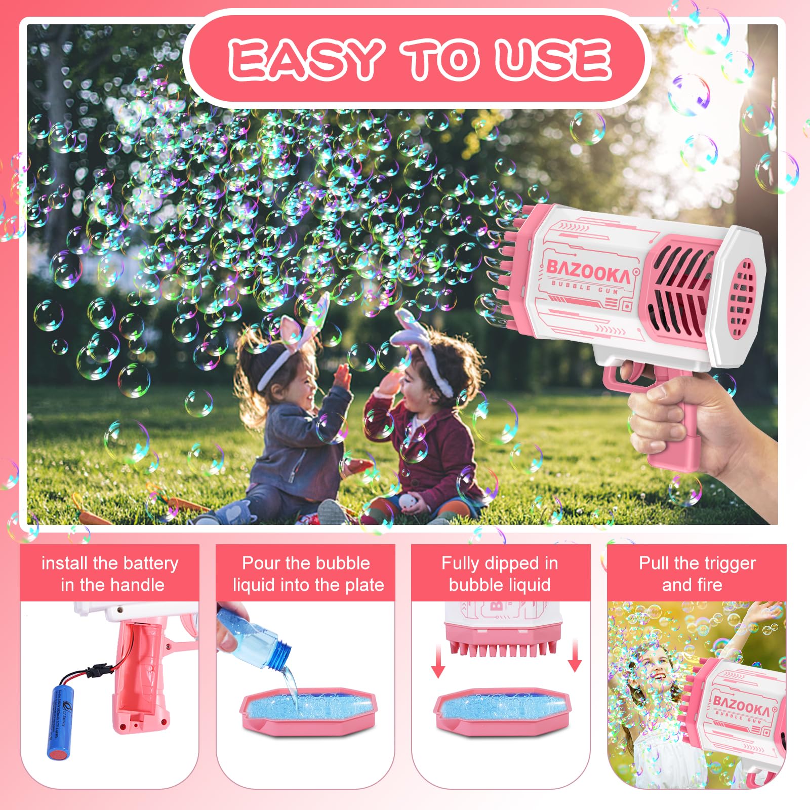 69 Holes Bubble Machine Gun with LED Lights - Pink Outdoor Bubble Blower for Kids, Summer Beach Party, Birthday & Wedding Fun Toy - Perfect Gift for Girls & Boys | Great for Backyard Play, Pool Parties & Outdoor Events