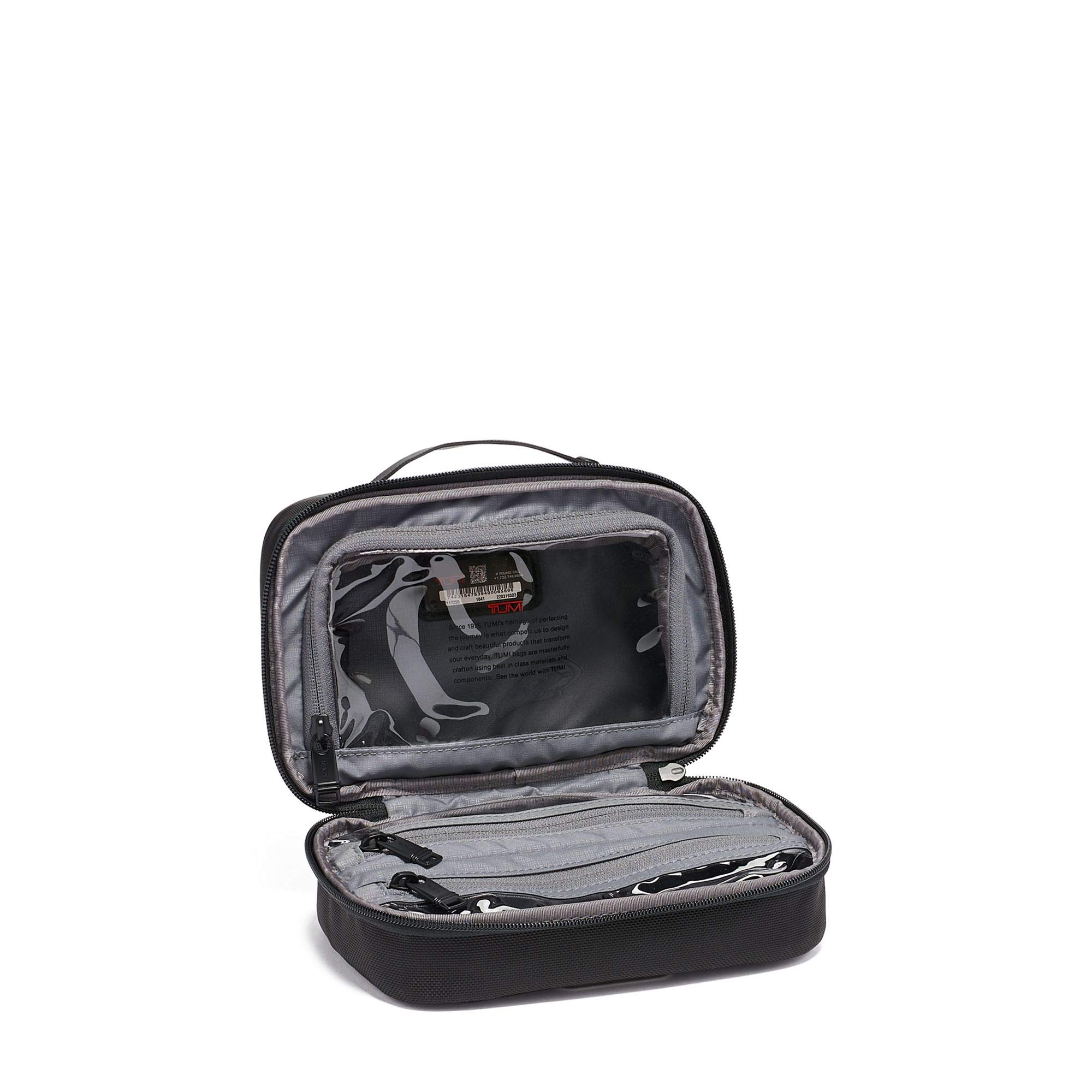 TUMI Alpha 3 Split Travel Kit - Premium Leather Toiletry Bag for Men & Women | Waterproof Cosmetic Organizer with Embossed Handle | Perfect for Business Trips, Gym & Weekend Getaways (Black)