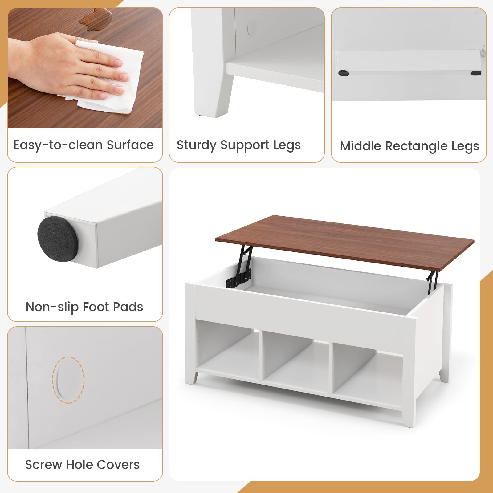 Lift Top Coffee Table with Hidden Storage Compartment & Display Shelves - Retro Style Living Room, Bedroom & Office Furniture - White & Brown Tea Dining Table for Small Spaces & Home Decor