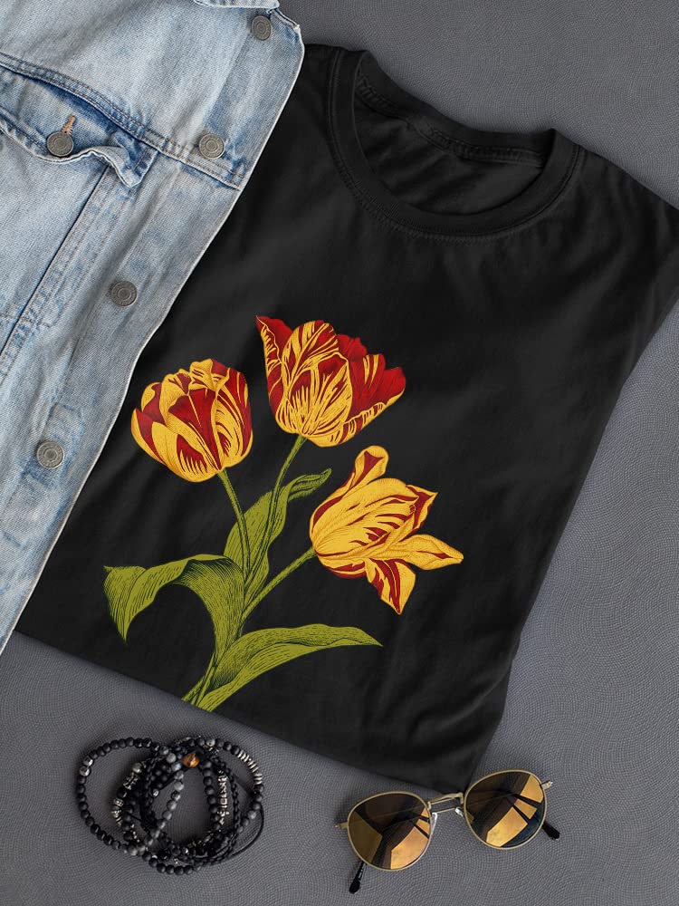Women's Three Red and Yellow Tulips Graphic T-Shirt - Casual Spring Floral Tee for Outfits, Dates & Outdoor Activities