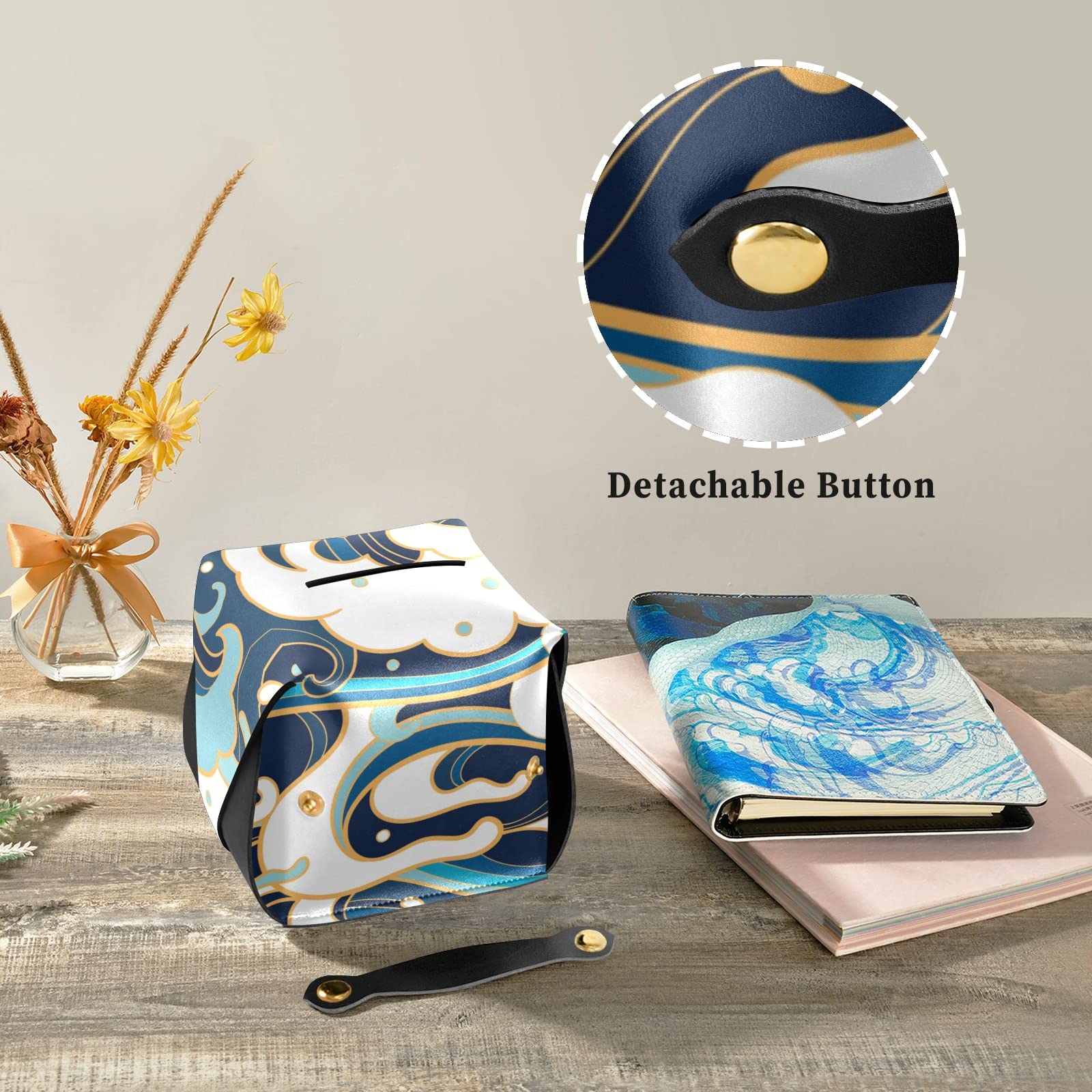 Japanese Traditional Blue White Wave Pattern Leather Tissue Box Cover - 5.7x5.7x5.7 Inch Rectangular Design with Handle for Bathroom, Home, Office & Car | Perfect for Nightstands, Vanity Countertops and Desk Decor