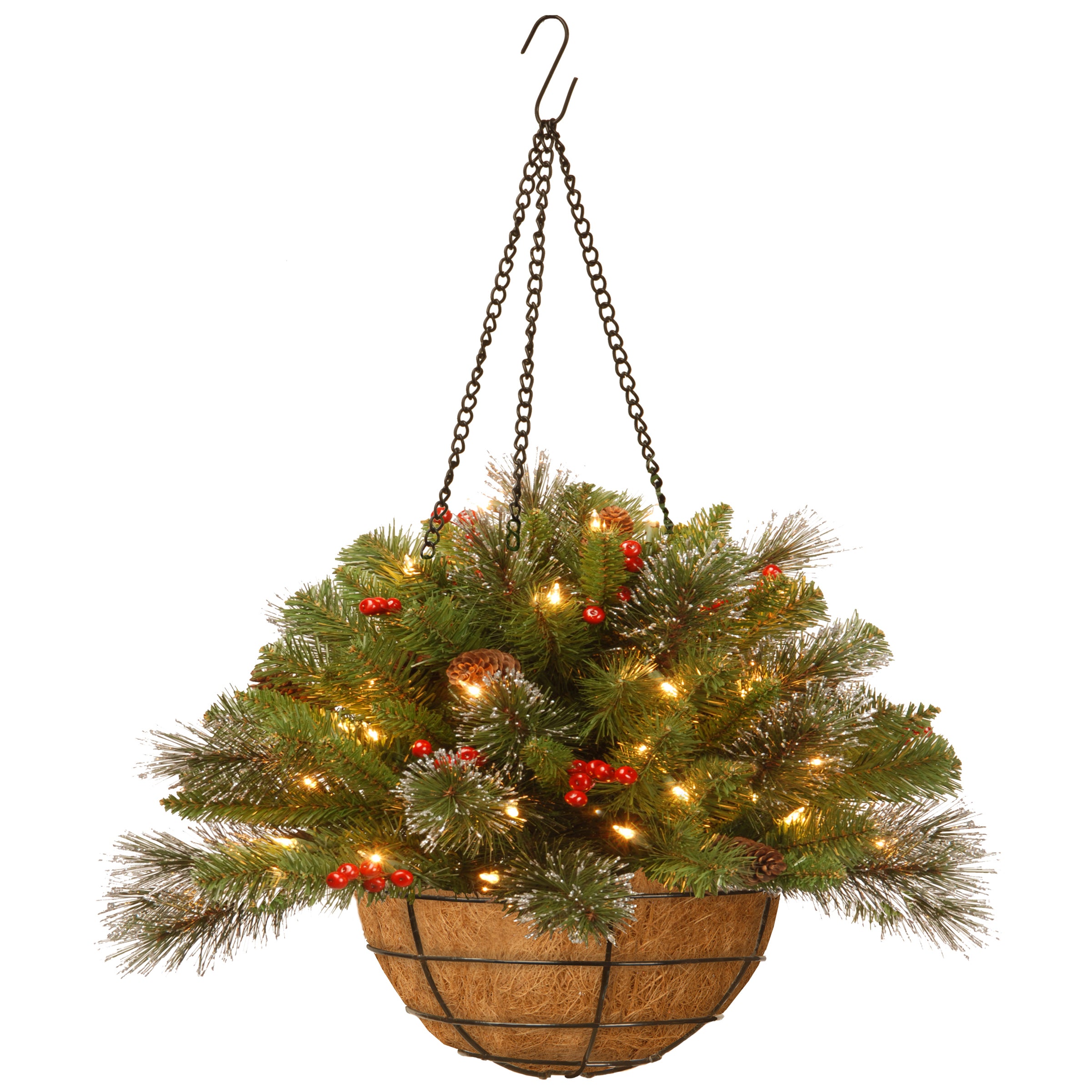 20 in. Pre-Lit Crestwood Spruce Hanging Basket with Energy-Efficient LED Lights - Perfect for Outdoor Patio, Garden, and Holiday Decorations