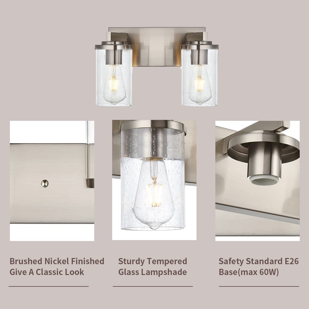 BONLICHT 2-Light Brushed Nickel Wall Sconce with Clear Glass Shade - Modern Industrial Vanity Lighting for Bathroom Mirror, Porch, Entryway & Staircase - Perfect for Home Decor and Ambient Lighting