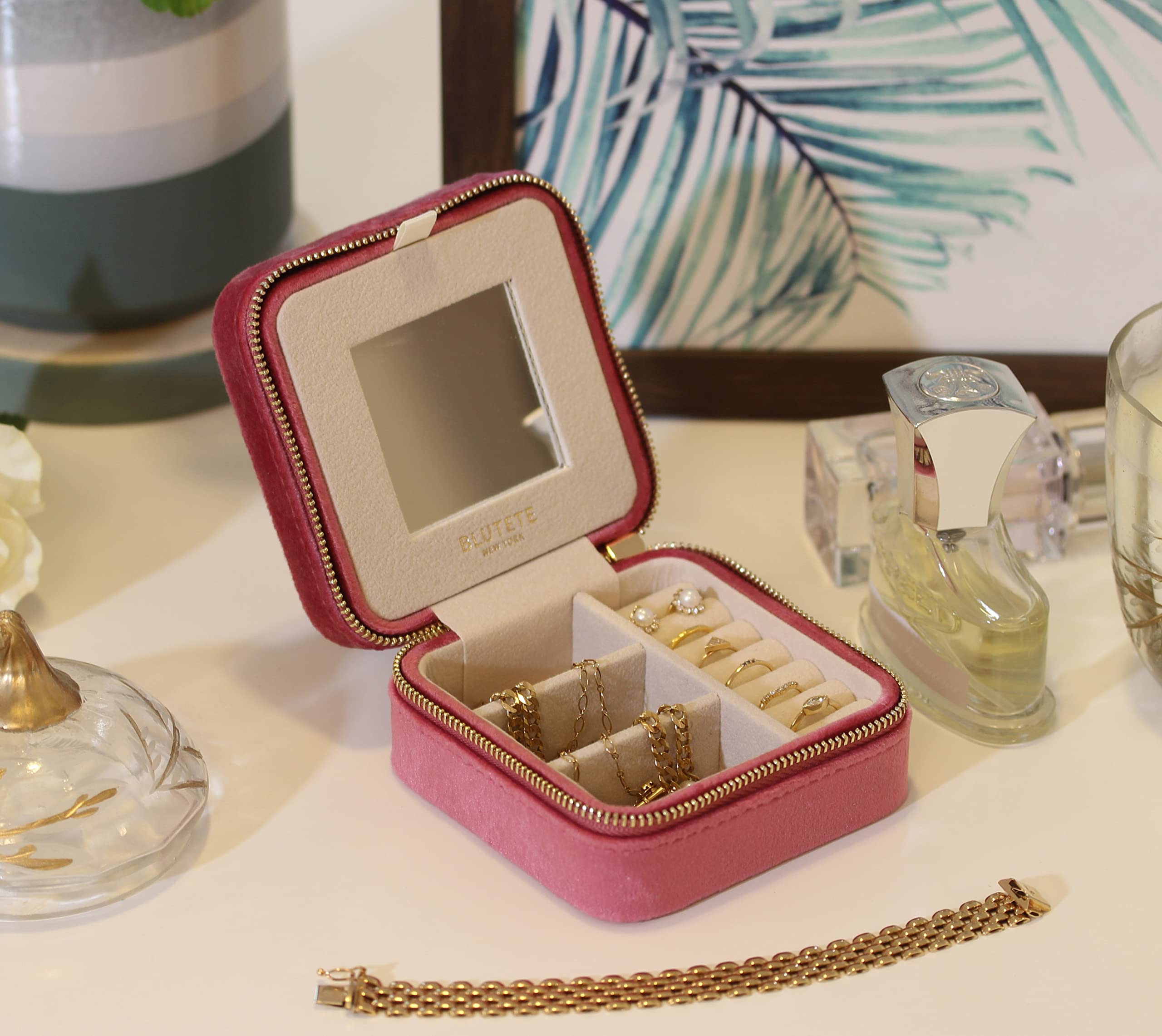 BLUTETE Velvet Travel Jewelry Organizer Box with Mirror - Portable Ring Earring Necklace Storage Case for Women (Berry Pink) | Perfect for Vacation, Business Trips & Daily Use