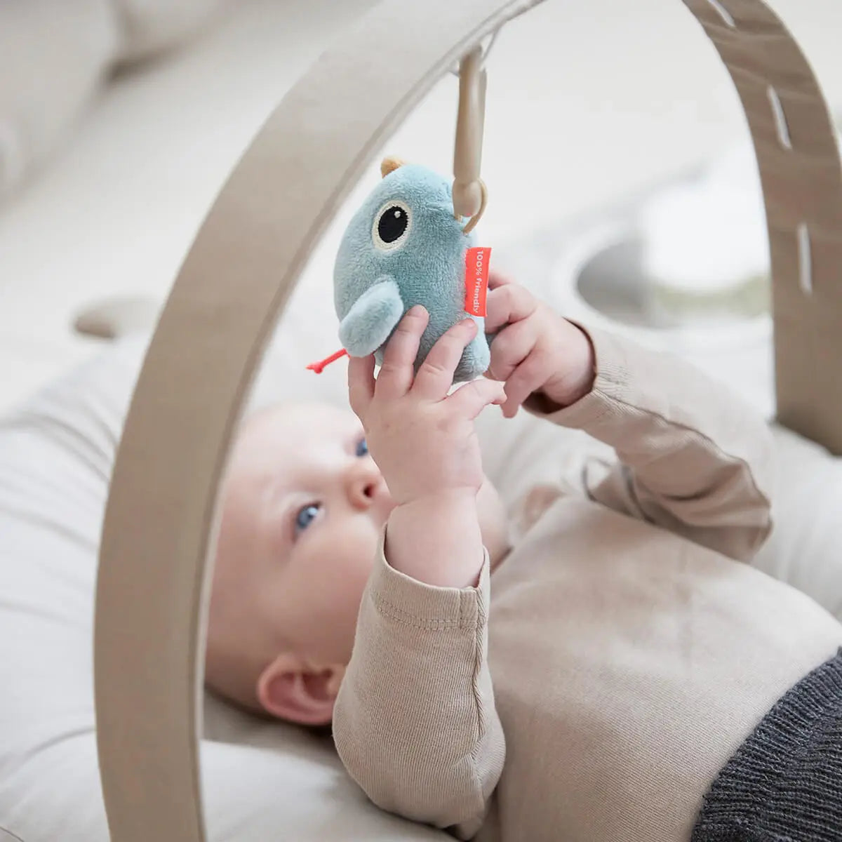 DONE BY DEER Cozy Baby Lounger with Activity Arch & Raffi Toy - Soft Infant Seat for Playtime, Tummy Time & Relaxation - Perfect for Newborns & Babies 0-12 Months