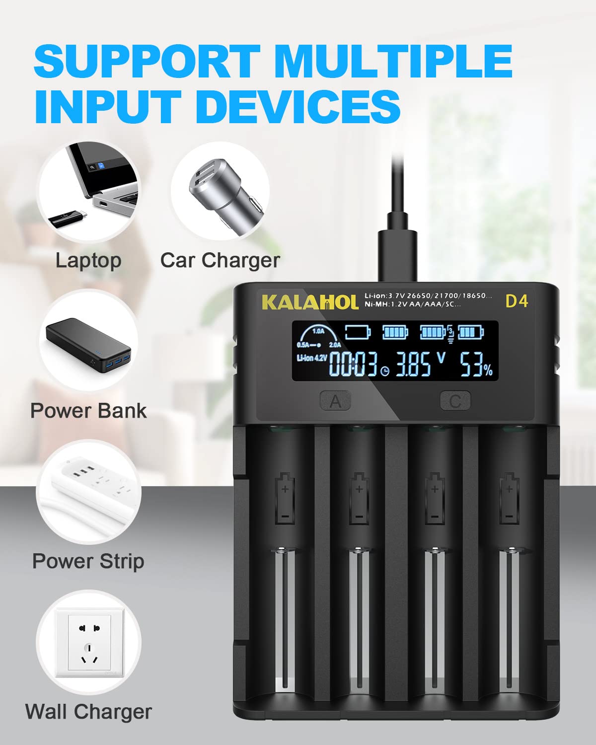 18650 Battery Charger - KALAHOL 4-Slot Universal Fast Charger with LCD Display for Li-ion 18650/26650 & Ni-MH/Ni-Cd AA/AAA Batteries | Micro USB Powered | Perfect for Flashlights, Vapes, Cameras & Electronic Devices