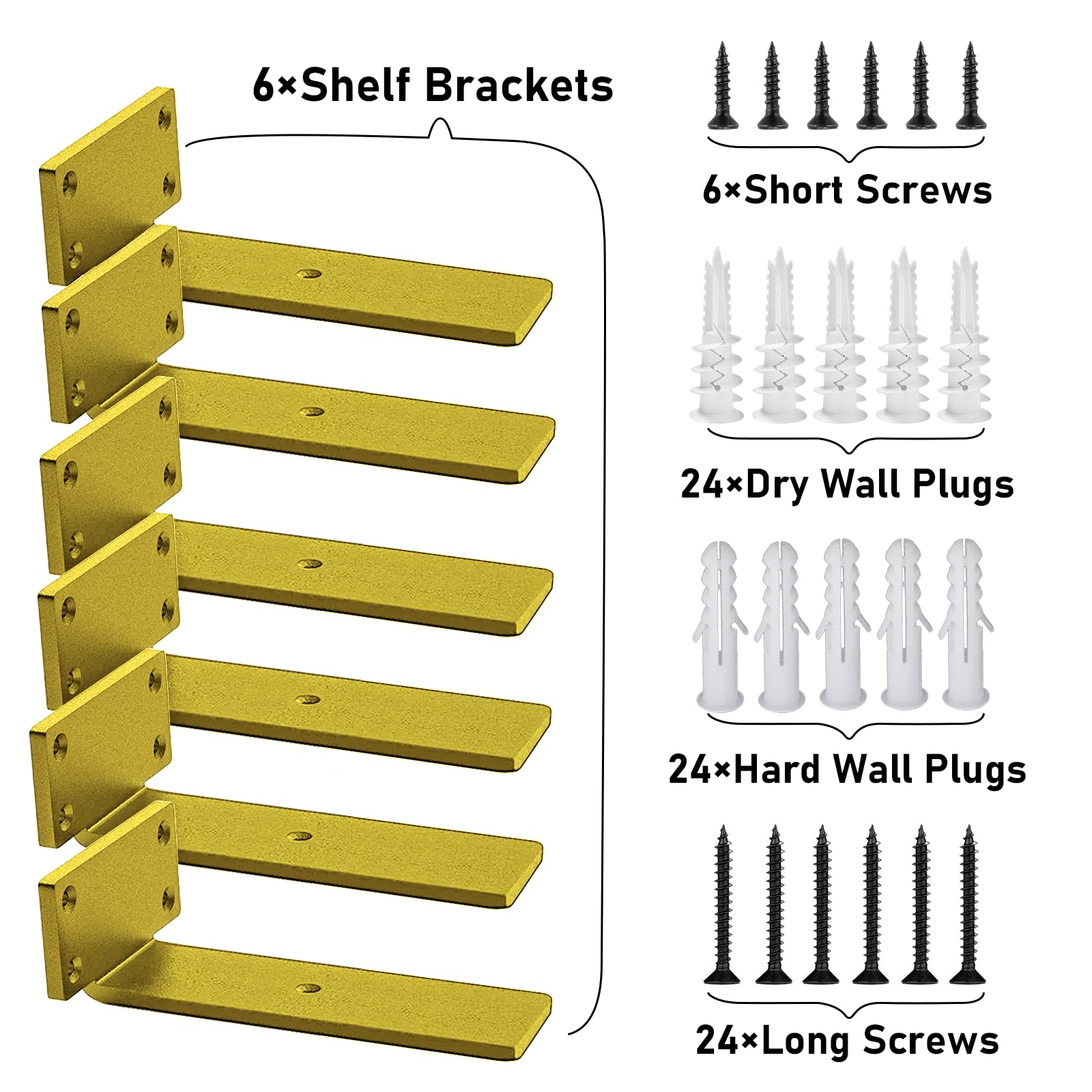 Heavy-Duty 5-Inch Floating Shelf Brackets - 0.2-Inch Thick Gold L-Shaped Steel Shelving Supports (6 Pack) - Perfect for Home Organization, Kitchen Storage & Wall Decor