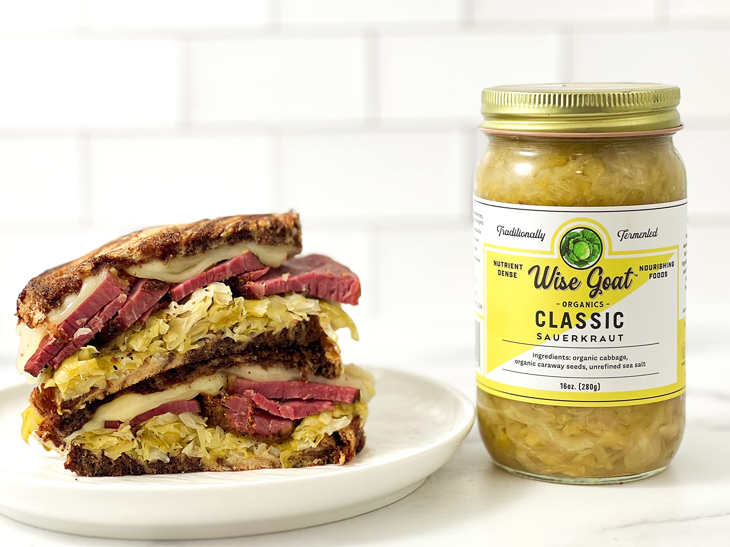 Organic Raw Fermented Probiotic Sauerkraut - Classic Flavor | Vegan, Gluten-Free, Non-GMO, Gut-Healthy | 16oz Glass Jar by Wise Goat Organics | Perfect for Gut Health, Sandwiches & Salads