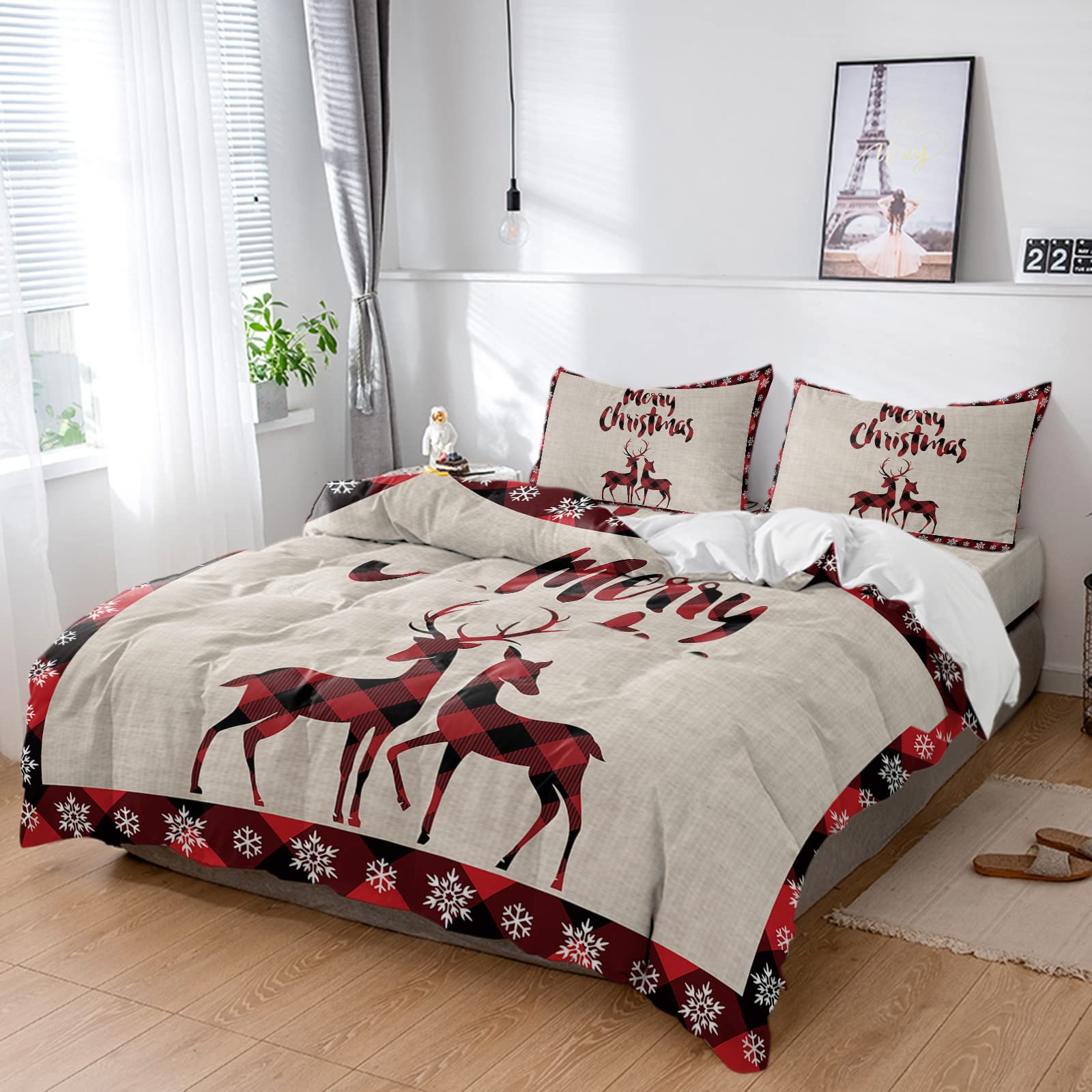 LOVE HOME DAY 4-Piece Queen Duvet Cover Set - Luxury Soft Vintage Christmas Elk & Buffalo Plaid Bedding - Cozy Warm Quilt Cover with Pillowcases - 100% Cotton Linen Texture - Perfect for Winter Bedrooms & Holiday Home Decor