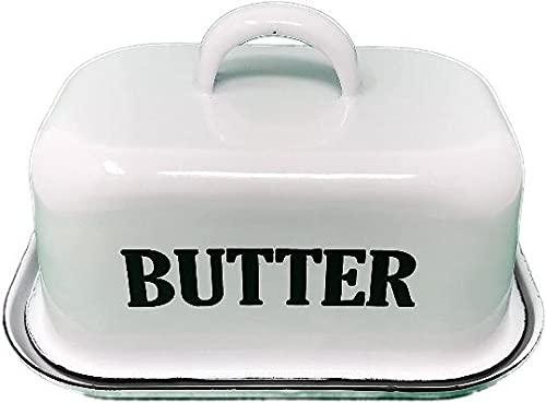 Vintage White Enamel Covered Butter Dish with Lid - Rustic Kitchen Decor, Butter Keeper & Storage Container for Countertop, Dining Table, and Farmhouse Style Kitchens