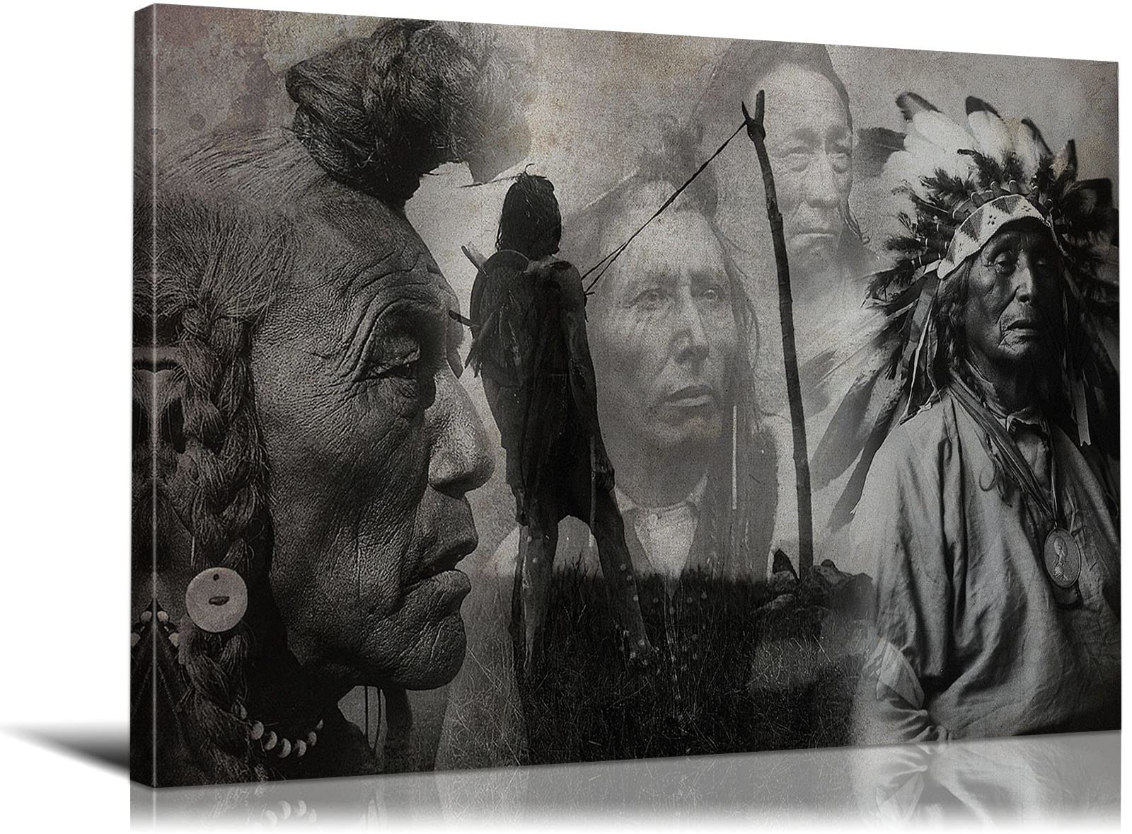 Vintage Black and White Native American Indian Wall Art - Framed Canvas Print Ready to Hang (28x40 Inches) for Living Room, Office & Bedroom Decor - Authentic Tribal Artwork for Western & Boho Home Interiors