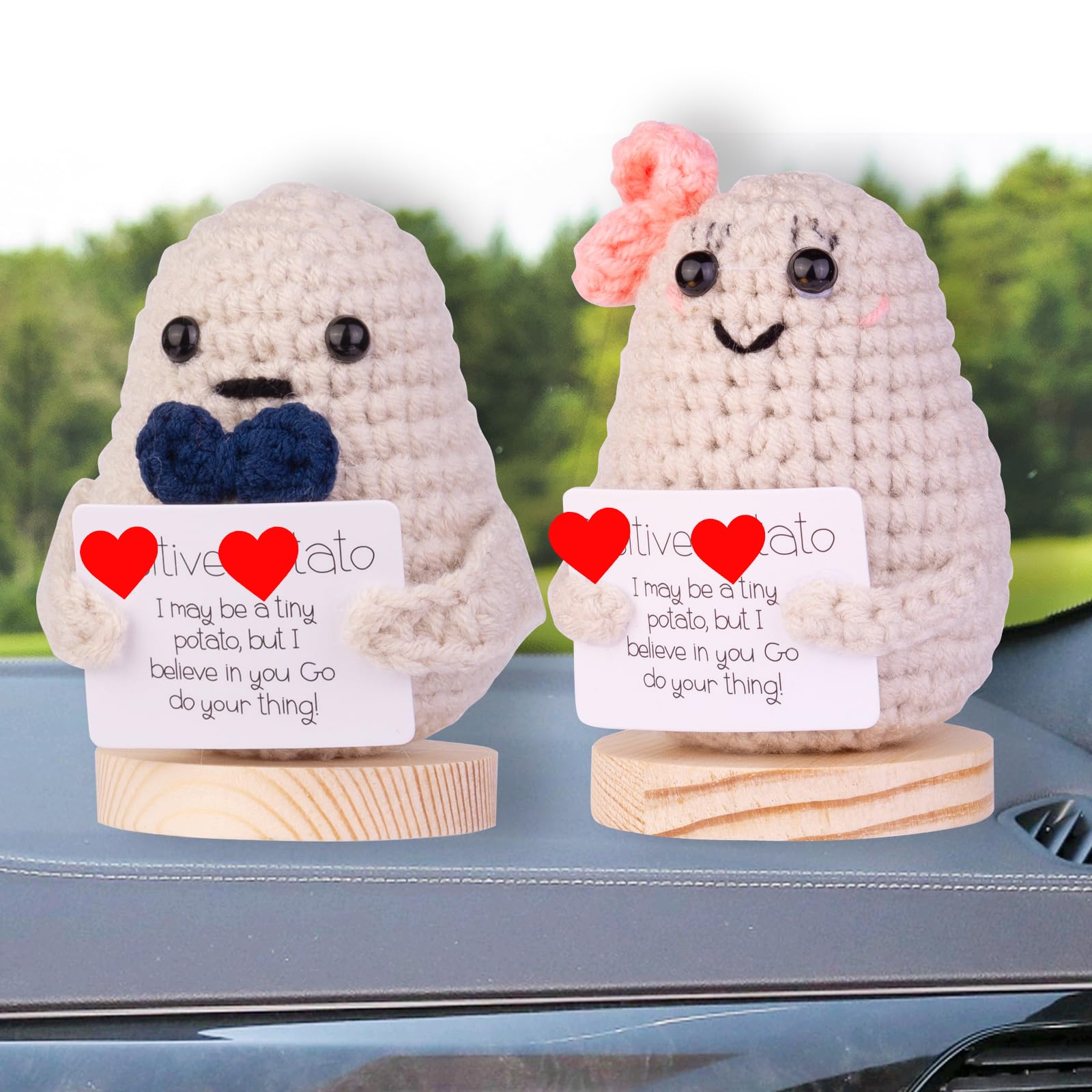 Handmade Emotional Support Potato Car Ornament - Funny Knitted Potato Doll with Wooden Base for Dashboard - Cute Car, Home & Office Decor Gift (Bowknot Design) - Perfect for Stress Relief, Gag Gifts & Vehicle Interior Decoration