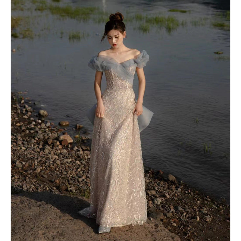 Elegant Off-Shoulder French Long Prom Dress with Sparkles - Perfect for Evening Gala, Formal Events & Special Occasions