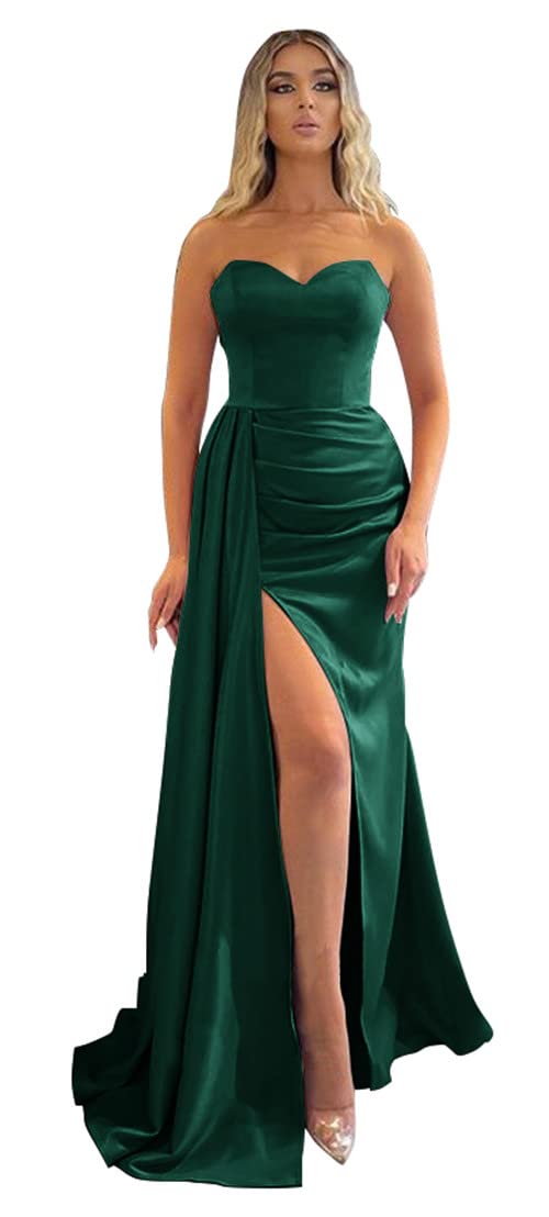Elegant Mermaid Prom Dresses 2024 | Strapless Satin Formal Evening Gowns with High Slit & Train | Perfect for Bridesmaids, Homecoming, and Black Tie Events