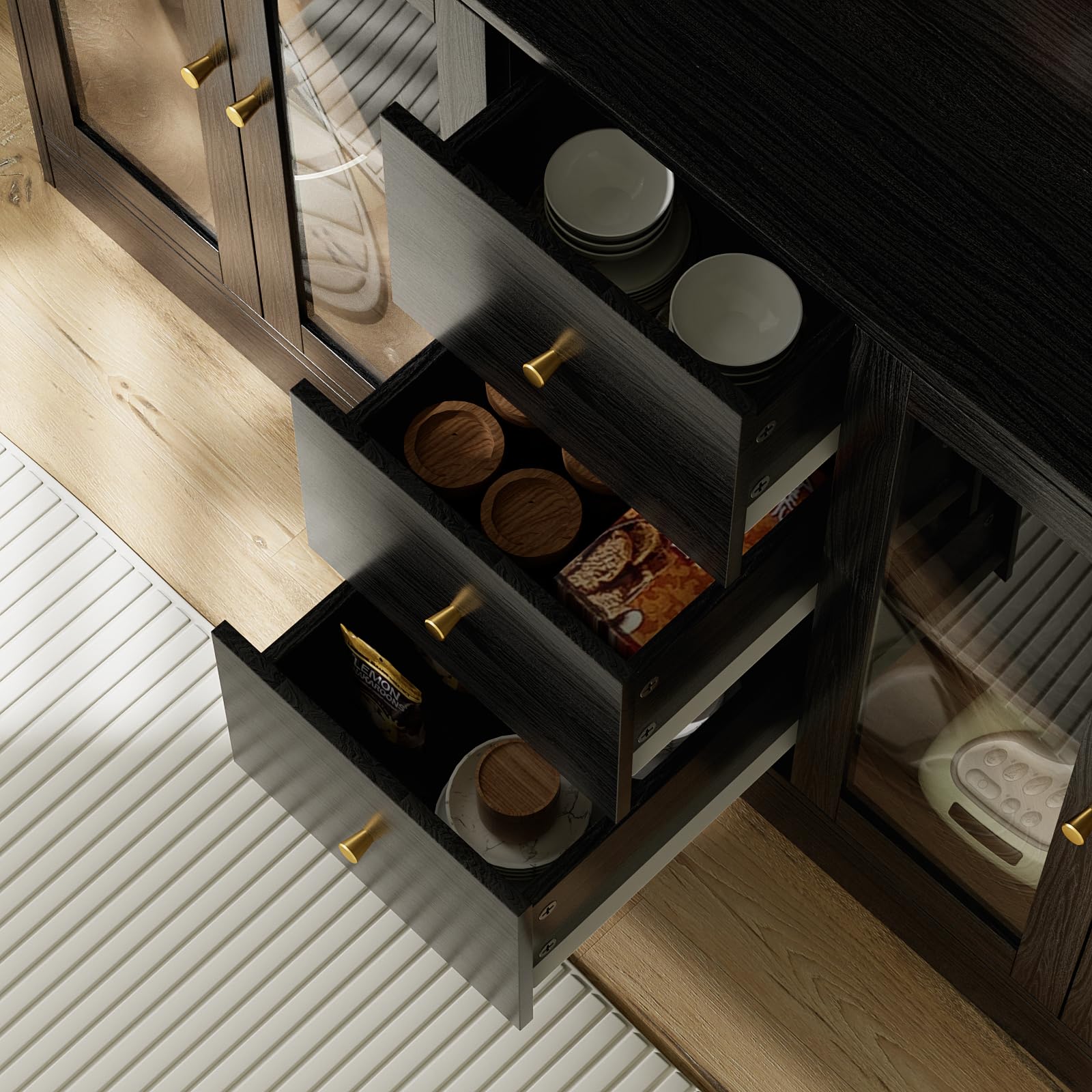 VOWNER Large Kitchen Hutch Cabinet - 6 Glass Doors, 3 Drawers & Microwave Shelf, Freestanding Pantry Storage Cupboard for Kitchen Open Storage (Black) - Perfect for Modern Kitchens & Dining Areas