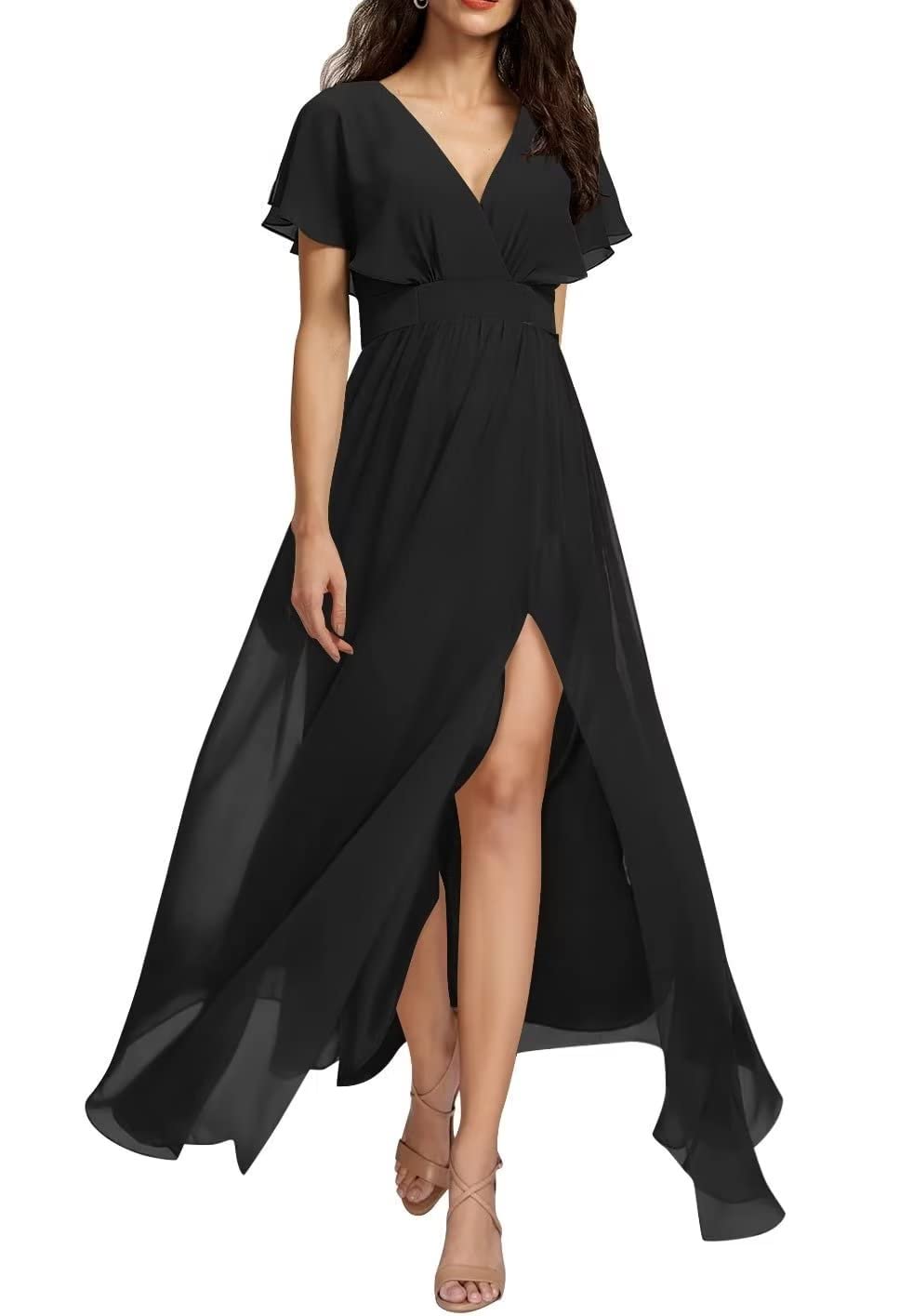 Plus Size Black Slit Bridesmaid Dresses Long Formal Maxi Dresses with Flutter Sleeves & Pockets - Size 18W | Elegant Wedding Party Guest Dress for Women