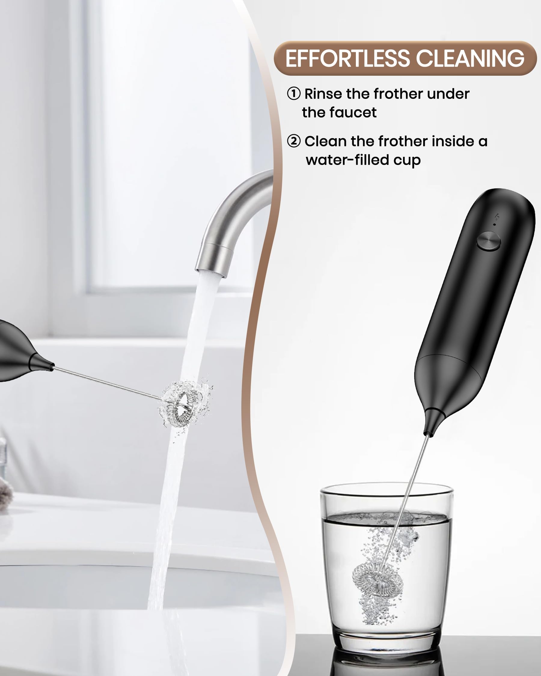 Rechargeable Milk Frother Wand with USB-C & Stainless Steel Whisk - Powerful Electric Frother for Coffee, Latte, Cappuccino, Mocha - Perfect for Home, Office & Travel Use