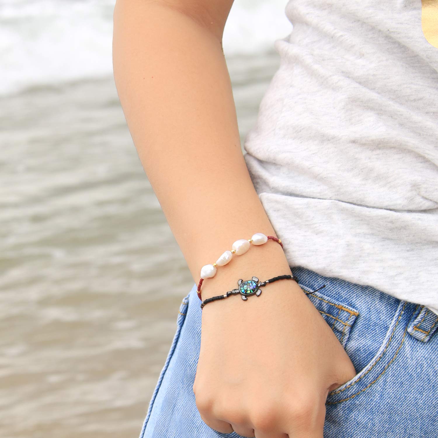 KELITCH Crystal Turtle Charm Bracelet - Miyuki Beaded Thin Strand Friendship Bracelet for Women - Adjustable Multi-Color Jewelry Gift for Best Friend, Birthday, Anniversary & Everyday Wear