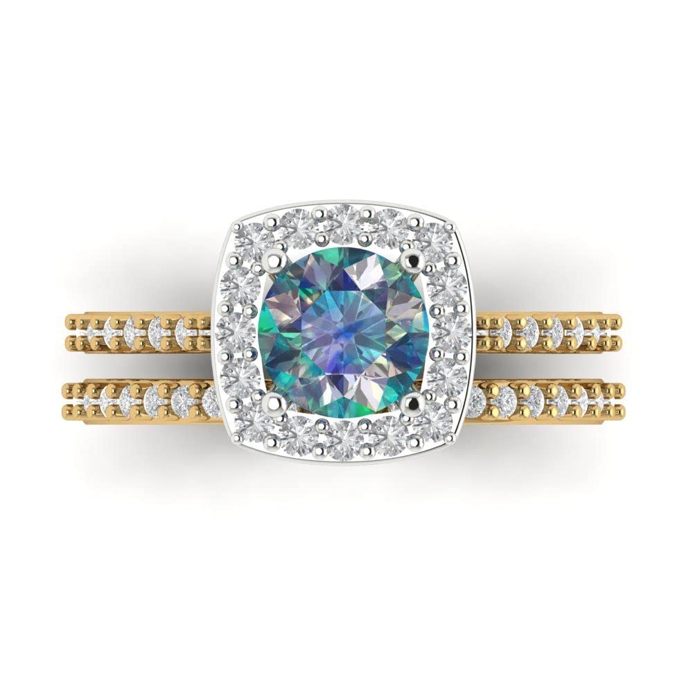 2ct Round Cut Halo Solitaire Blue Moissanite Engagement Ring - 14k Yellow & White Gold Wedding Band Set | Promise, Anniversary & Bridal Jewelry Gift for Her