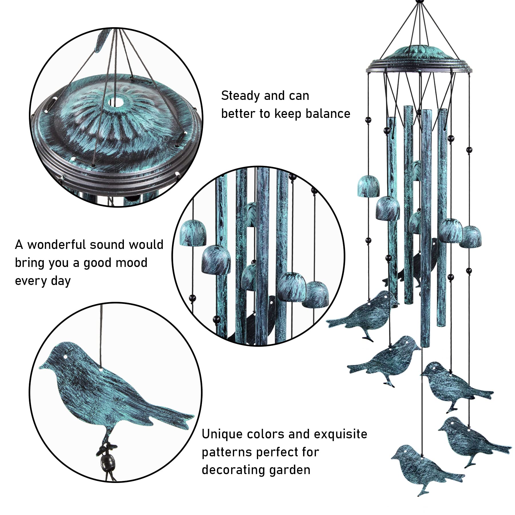 Monster QE Bird Wind Chimes for Outdoor Decor - 4 Large Aluminum Tubes with S Hook - Perfect for Garden, Patio, Backyard & Porch - Creates Soothing Sounds for Relaxation & Meditation