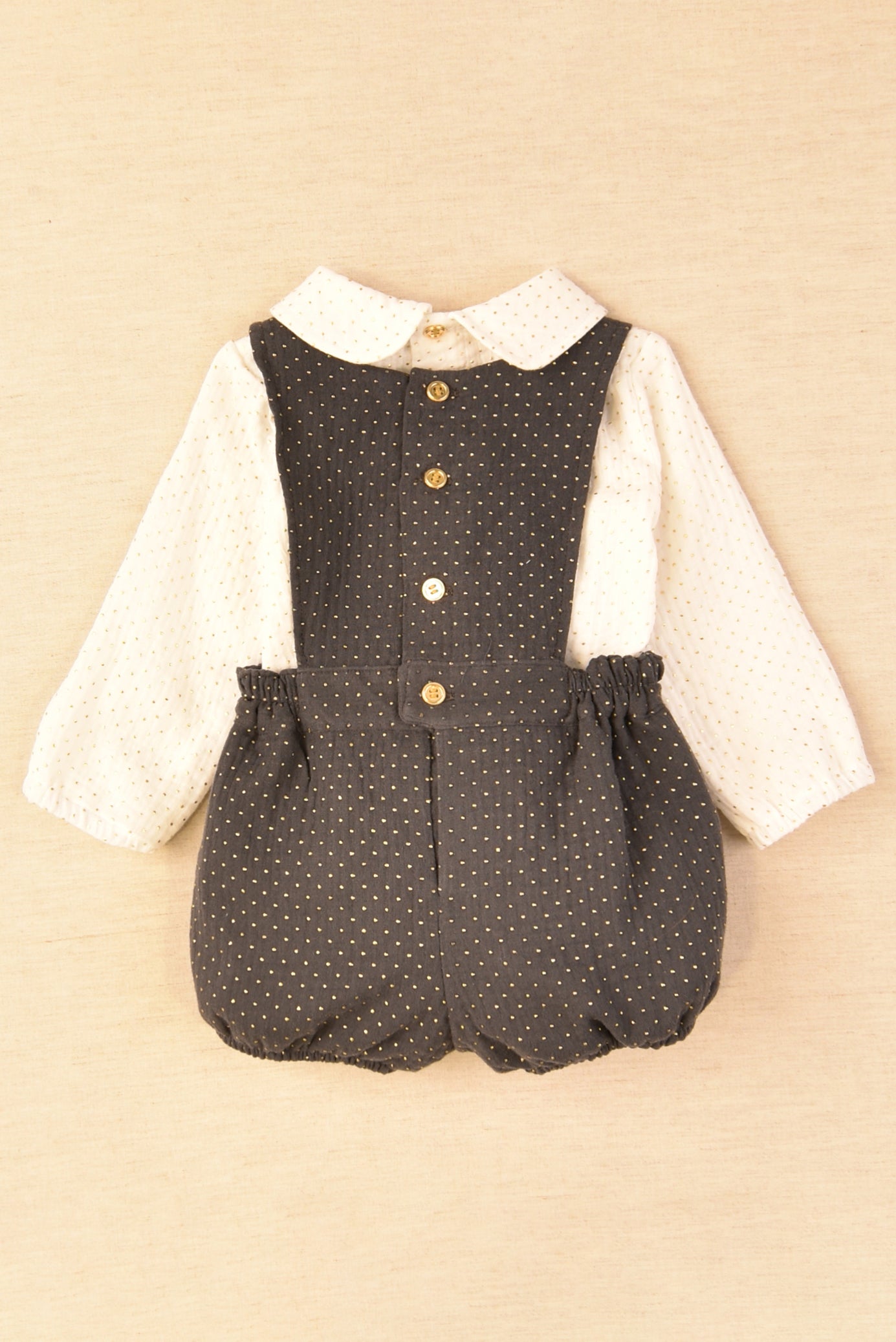 Sebastian Charcoal & Gold Polka Dot Baby Romper Set - Soft Cotton Jumpsuit for Newborns & Infants | Perfect for Photo Shoots, Birthday Parties & Family Outings