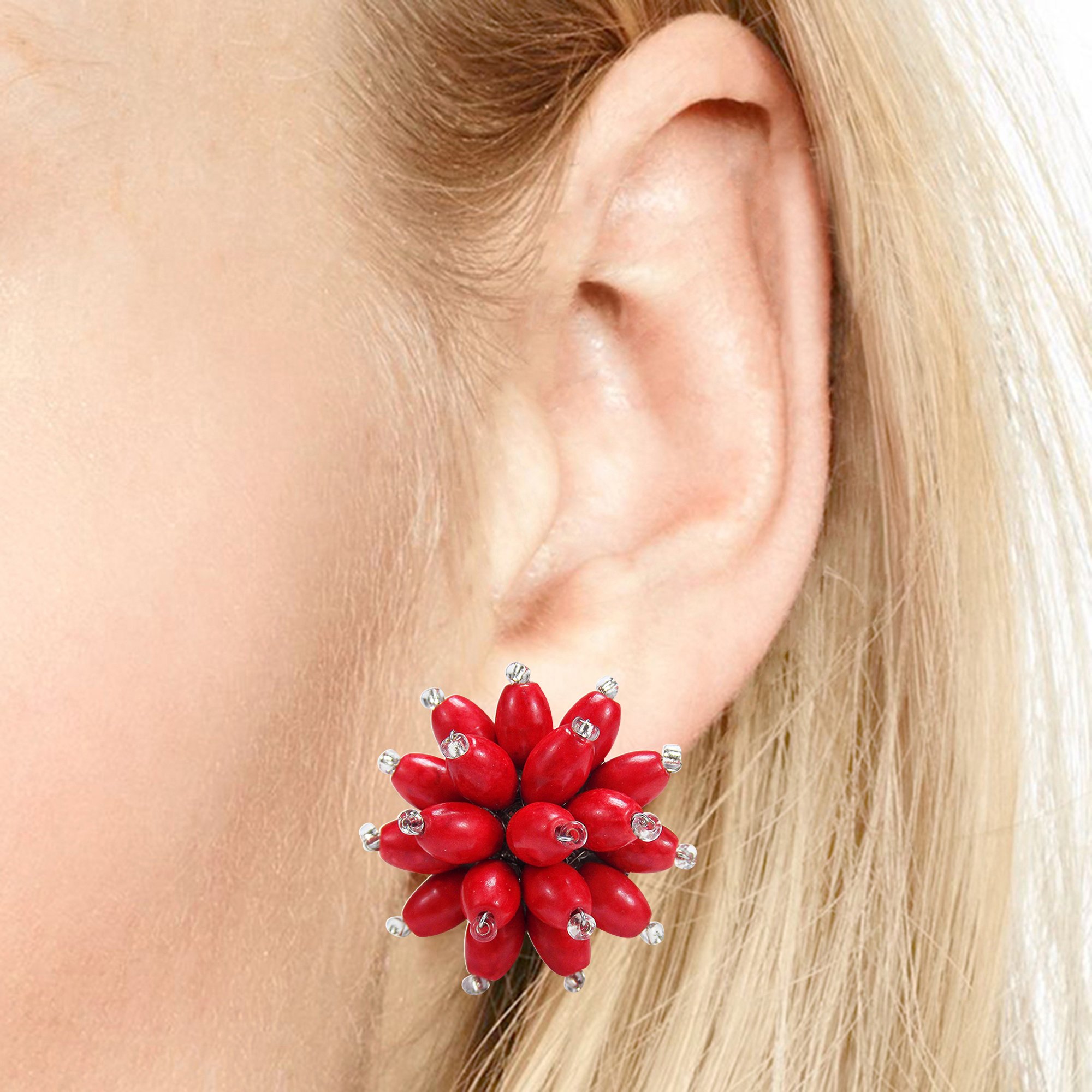 AeraVida Reconstructed Red Coral Chrysanthemum Floral Clip-On Earrings for Women | Handmade Flower Jewelry | Elegant Dangle Earrings for Party, Wedding & Special Occasions