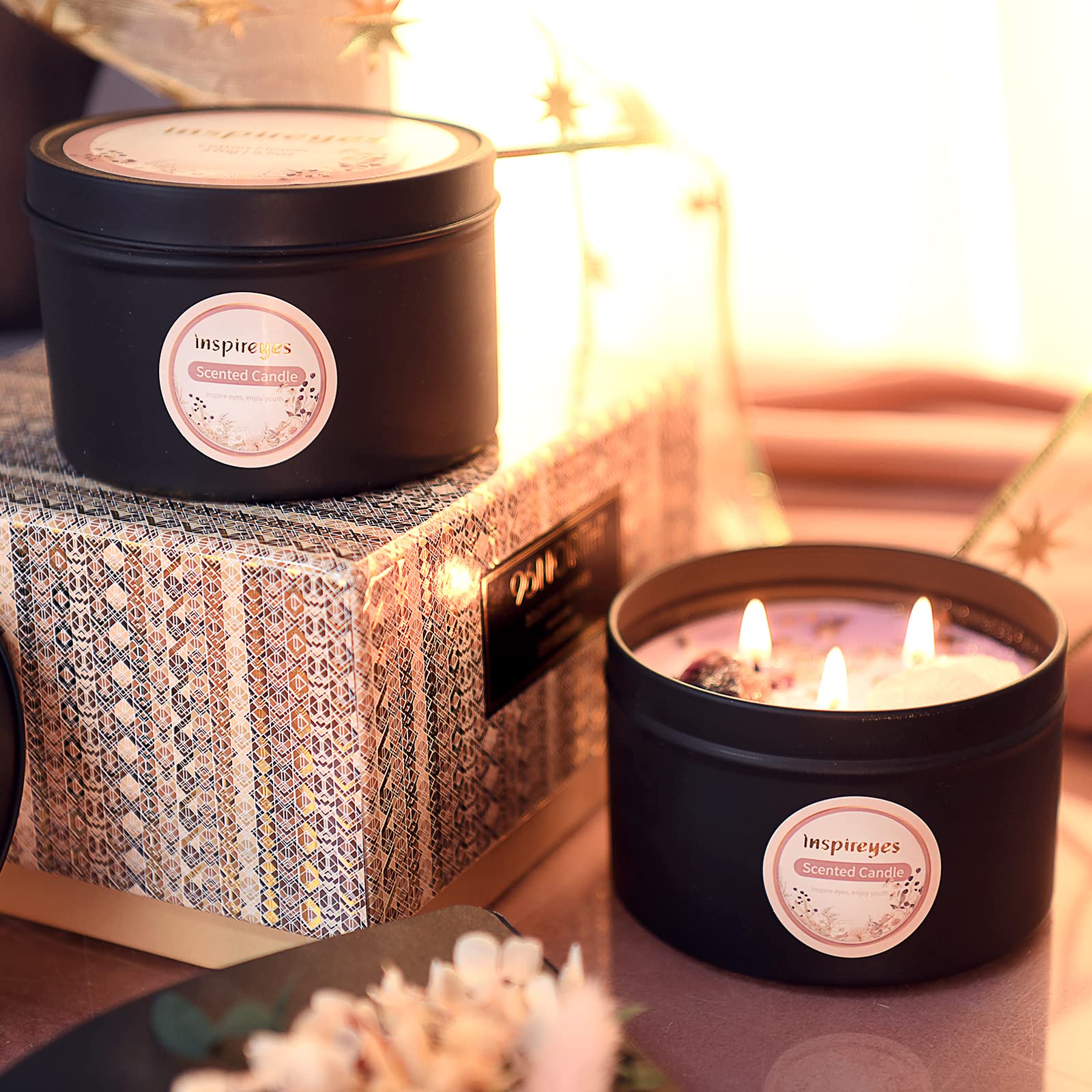 Premium Scented Candles Set with Healing Crystals - 3-Wick 19oz Soy Wax Aromatherapy Candles for Meditation & Manifestation - Large Energy Stones Included - Perfect Birthday Gift for Women - Ideal for Yoga, Spa, Home Decor & Relaxation