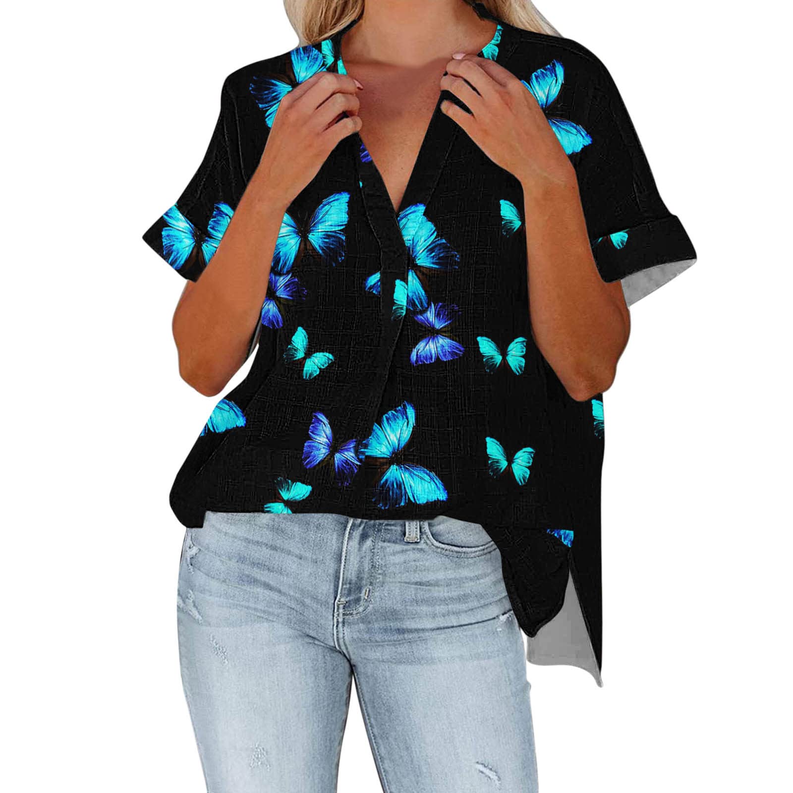 Women's Summer Lace Short Sleeve V-Neck T-Shirt - Loose Casual Blouse Top for Beach, Vacation & Everyday Wear