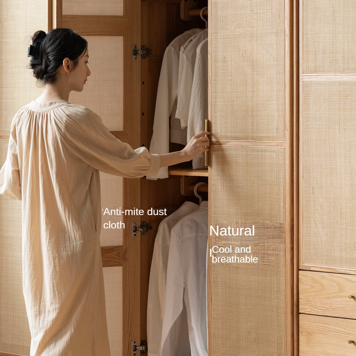 Solid Oak Wood Rattan Wardrobe - Stylish Storage for Bedroom, Living Room & Closet Organization