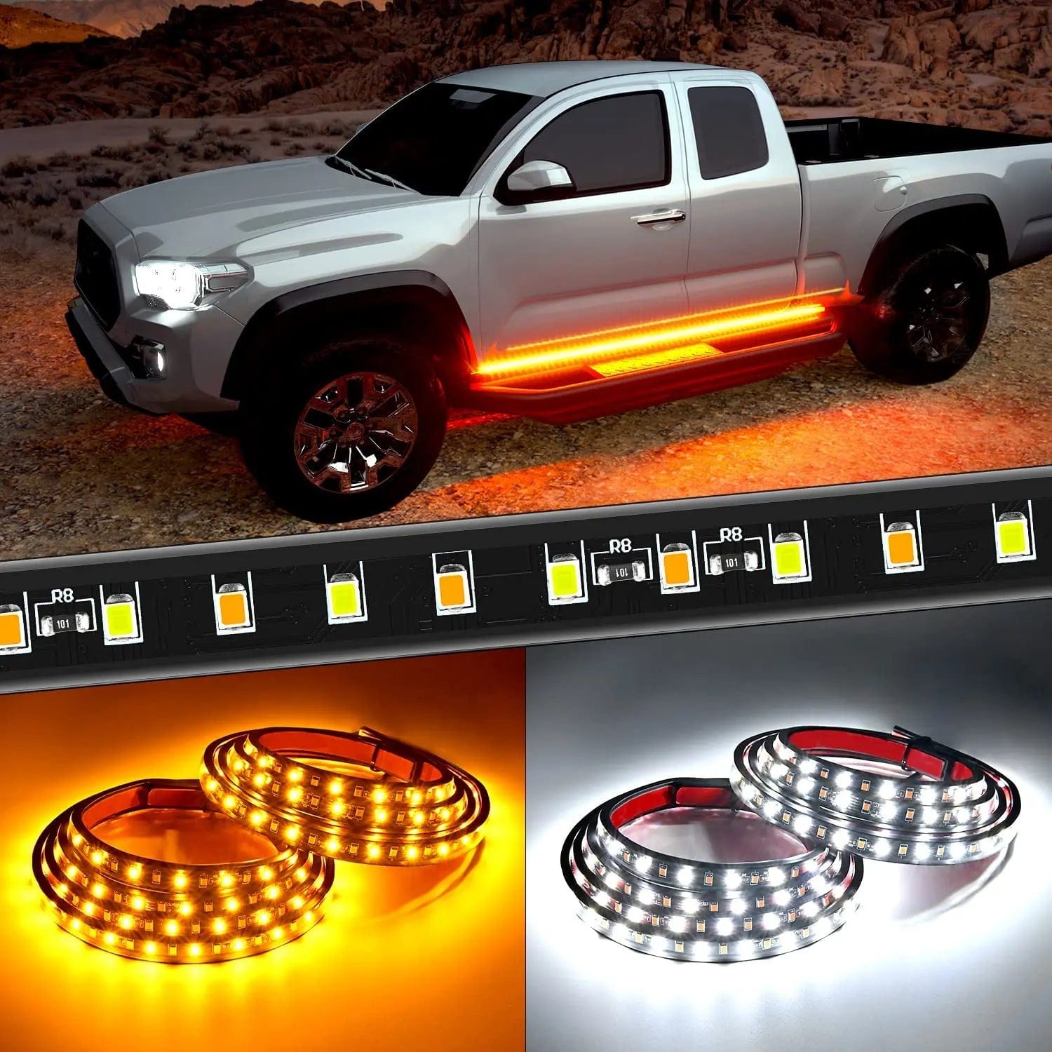 60 Inch 144 LED Running Board Light Strip - Amber & White Dual Color for Trucks & SUVs - Waterproof Underbody Lighting for Off-Road & Night Driving