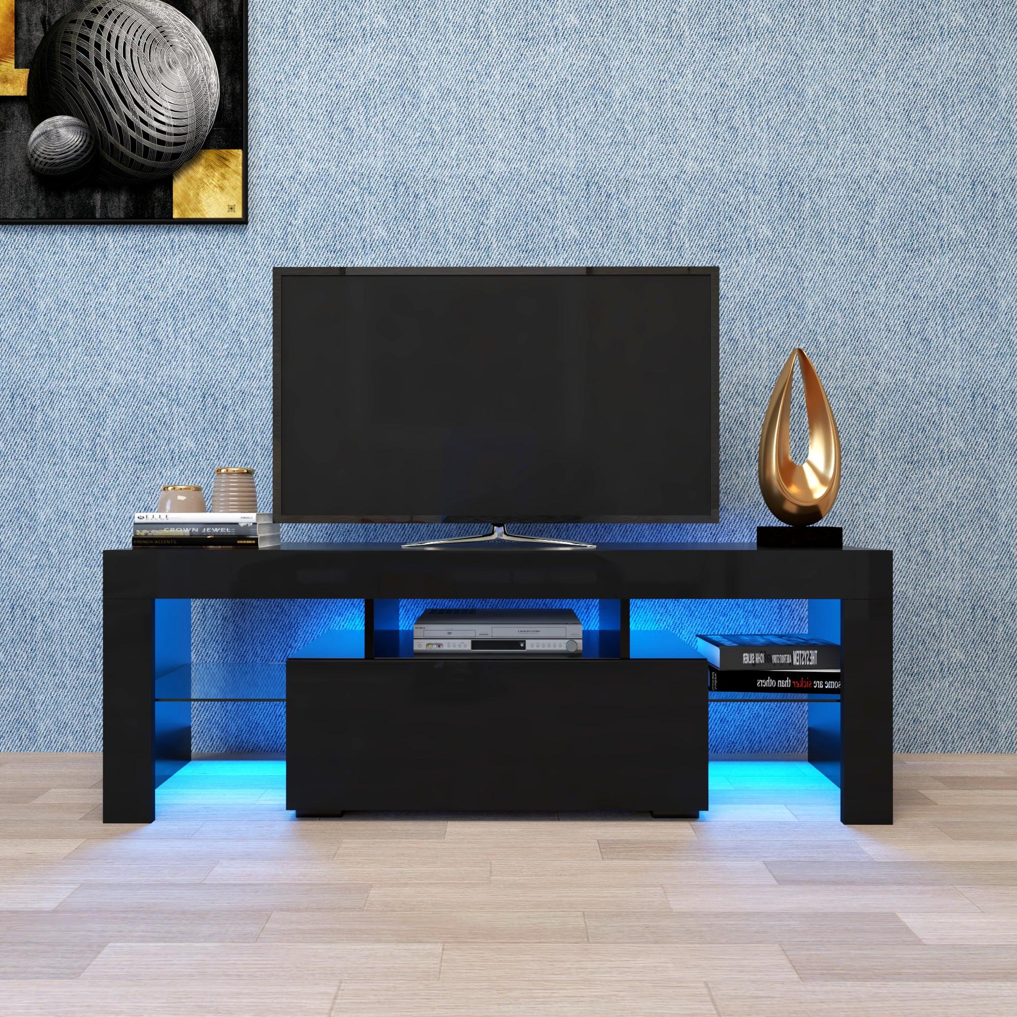 Black TV Stand with LED RGB Lights - Modern Flat Screen TV Cabinet for Gaming Consoles - Perfect for Living Room, Bedroom & Lounge Room Decor (Black) - Ideal for Movie Nights & Gaming Setup