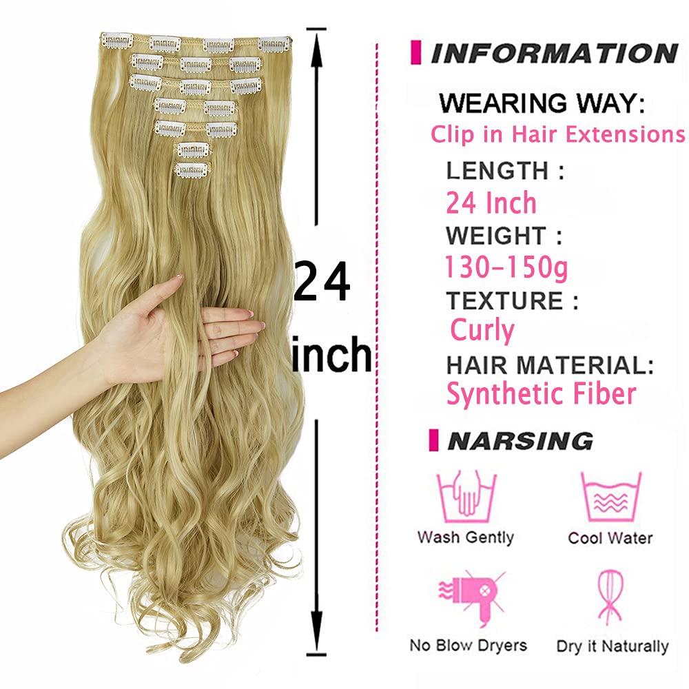 24 Inch Wavy Curly Clip-in Hair Extensions - 7pcs Double Weft Synthetic Hair with 16 Clips | Dark Brown to Bleach Blonde Ombre (160g/set) | Perfect for Parties, Weddings & Daily Styling